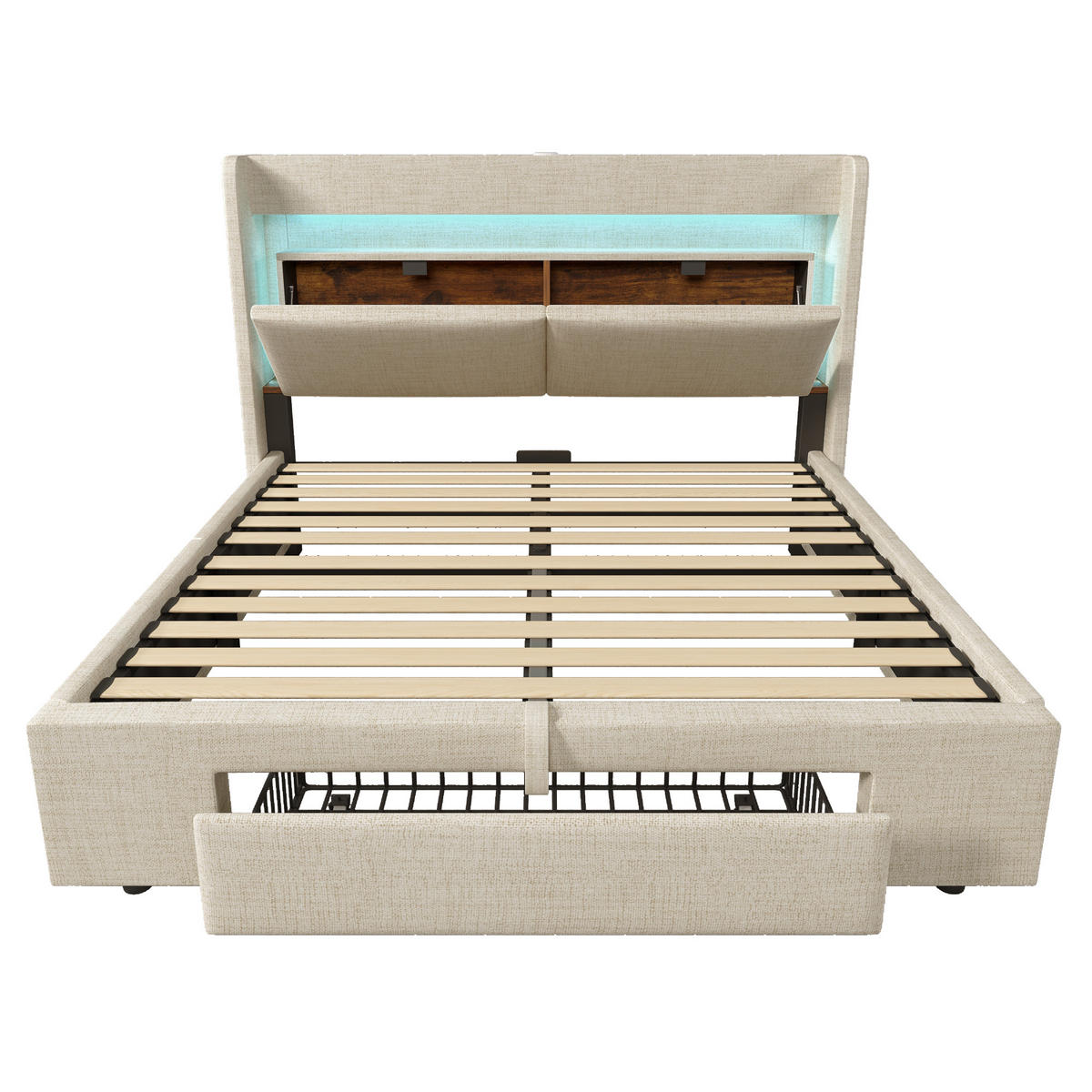 POLSTERBETT 160/200 cm mit LED, USB und USB-C, hydraulischem Stauraum und Schublade aus Leinen, Beige - Beige, Textil (160/200cm) - Redom