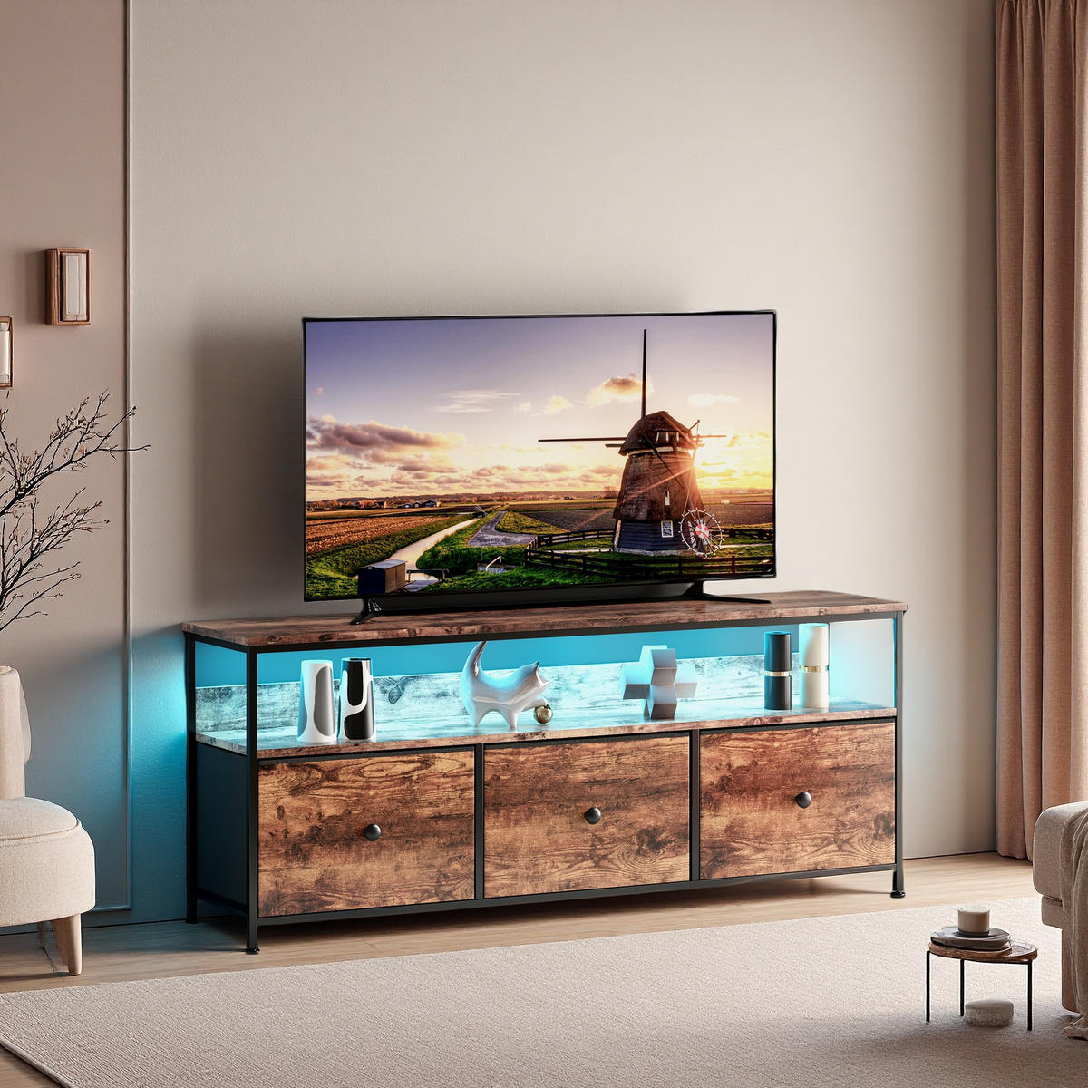 LOWBOARD, TV Schrank mit LED 137x30x57 cm, mit 3 Stoffschubladen und offenen Fächern - Eiche Artisan, Holz (29.8/57/137cm) - WoodenAura