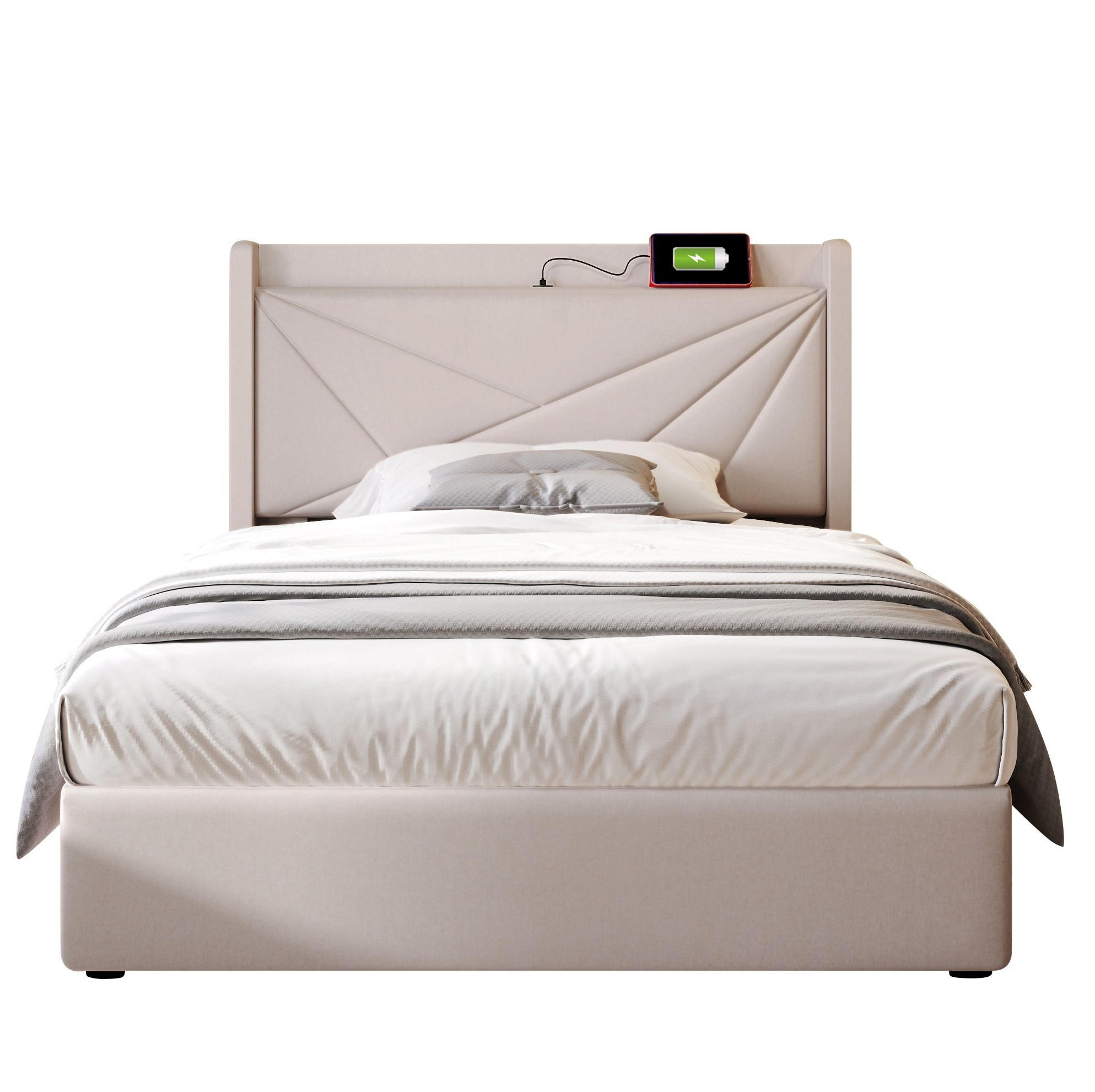 POLSTERBETT 90/200 cm aus Baumwoll-Leinen-Mix mit USB-C-Ladefunktion und Bettkasten Beige - Beige, Textil (90/200cm) - Modenvie