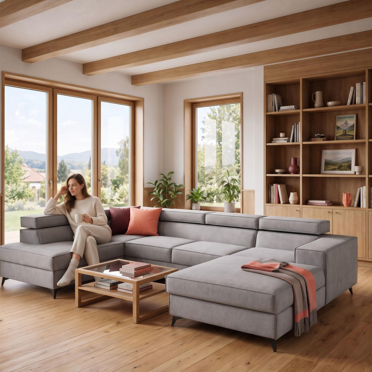 ECKSOFA PURE U Links mit Schlaffunktion 127x270 Velours Hellgrau - Hellgrau/Schwarz, Holz/Textil (340/204cm) - Muffo