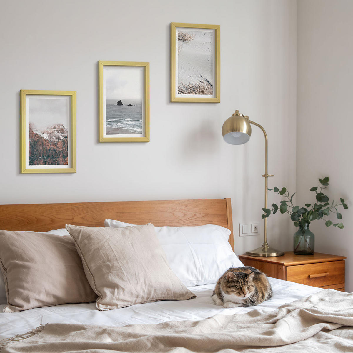 BILDER SET 3er Set - 20x30 cm Goldrahmen - Berge, Wolken, Meer, Sand, Natur - Goldfarben, Kunststoff (20/30cm) - TULUP