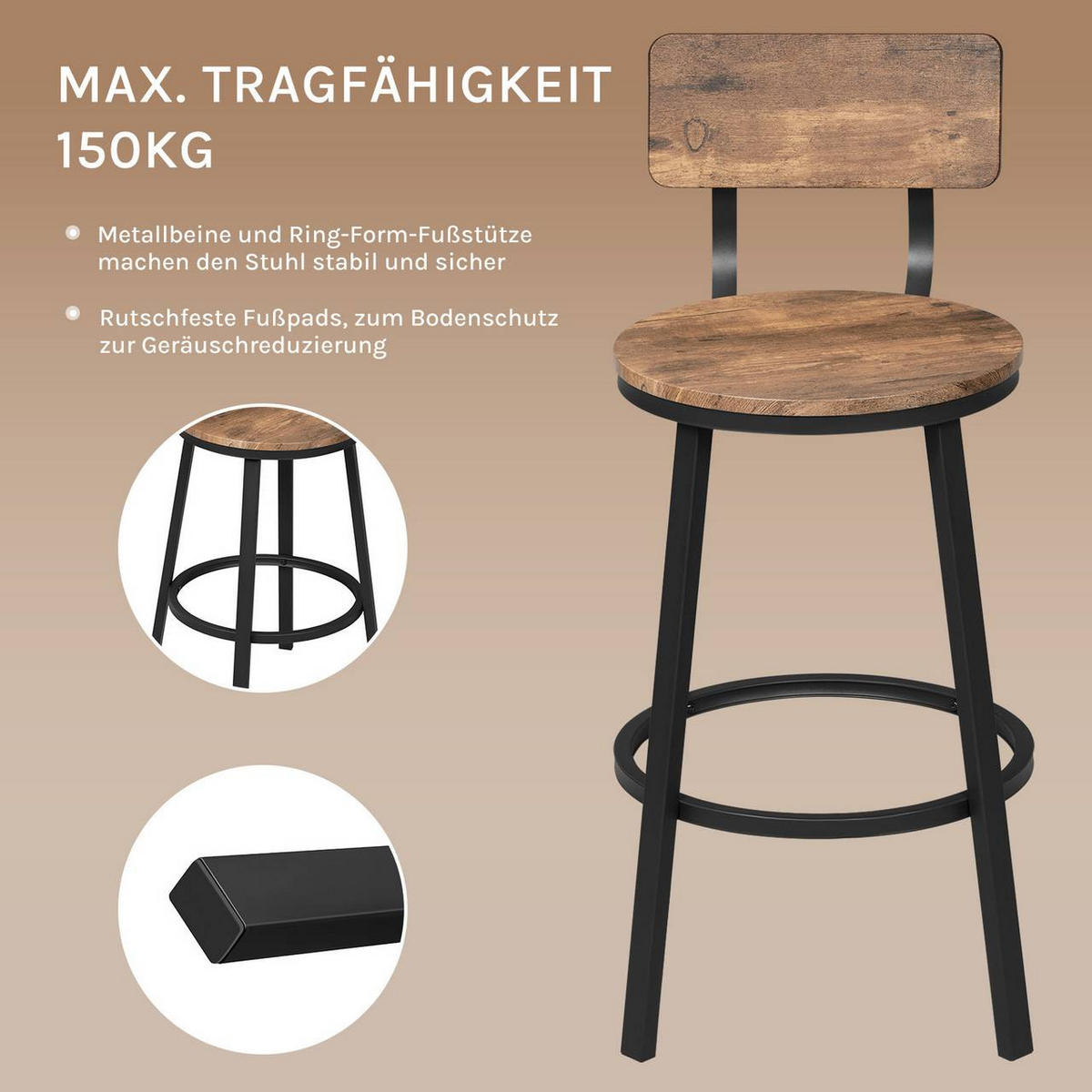 BARHOCKER 4er Set, Metallgestel, Vintagebraun - Dunkelbraun/Schwarz, Holzwerkstoff/Metall (51.5/89/51.5cm) - Woltu