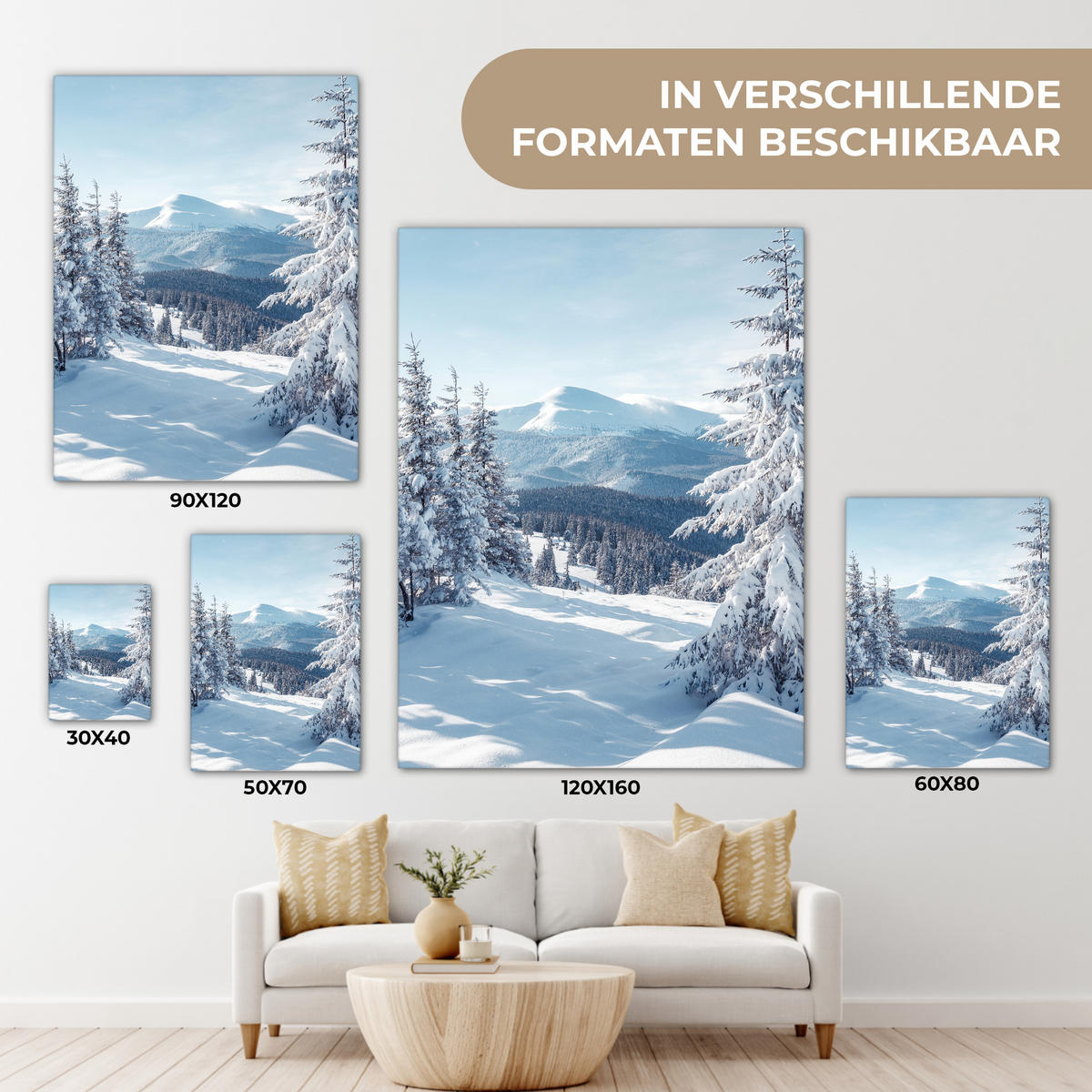 LEINWANDBILD Winterlandschaft - Natur - Berge - Bäume - Schnee Wandbild Wohnzimmer 60x80 cm - Hellblau, Textil (60/80cm) - MuchoWow