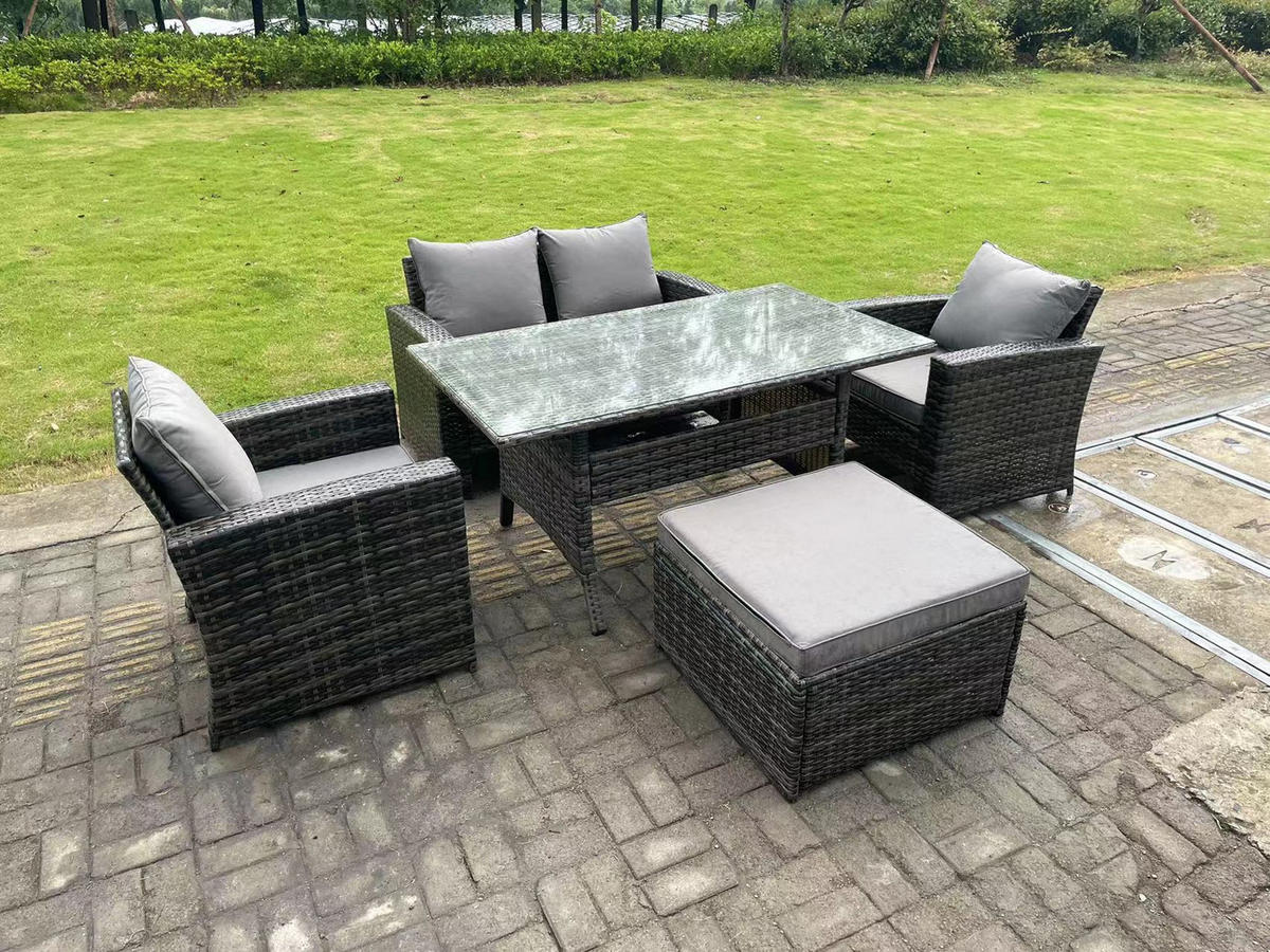 GARTENMÖBELGARNITUR Polyrattan Dunkelgrau 5-Sitzer - Dunkelgrau/Grau, Glas/Kunststoff - Fimous