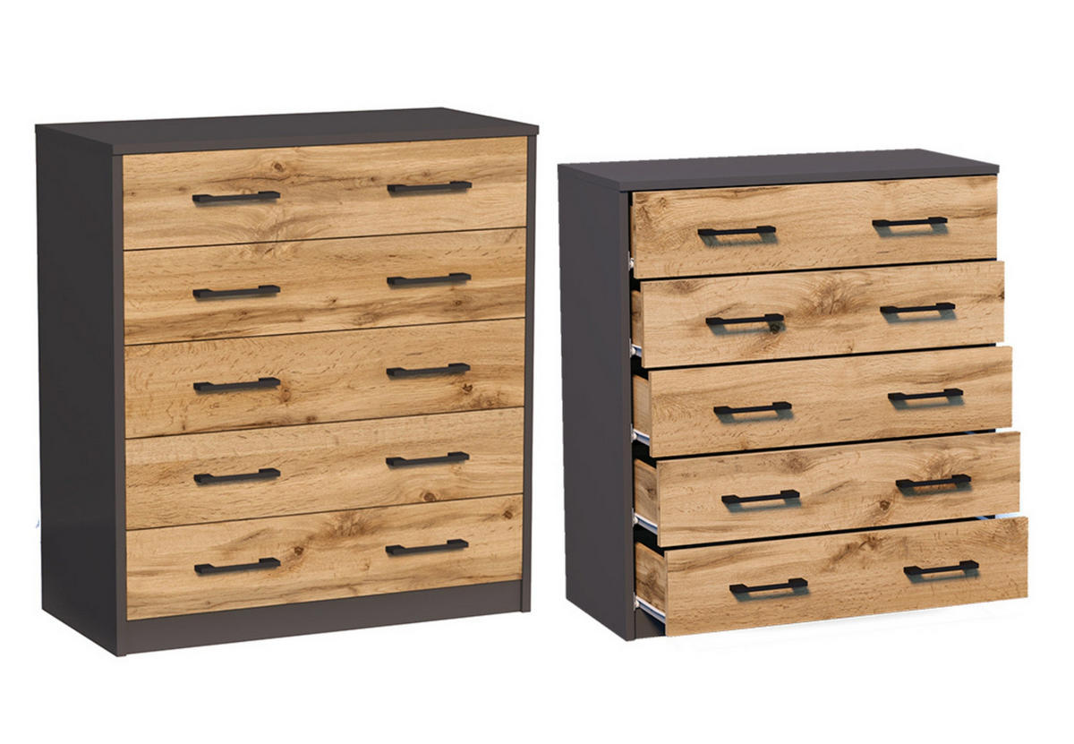 KOMMODE mit 5 Schubladen in Graphit-Eiche - Eichefarben/Graphitfarben, Holzwerkstoff (74/85/35cm) - Home Collective