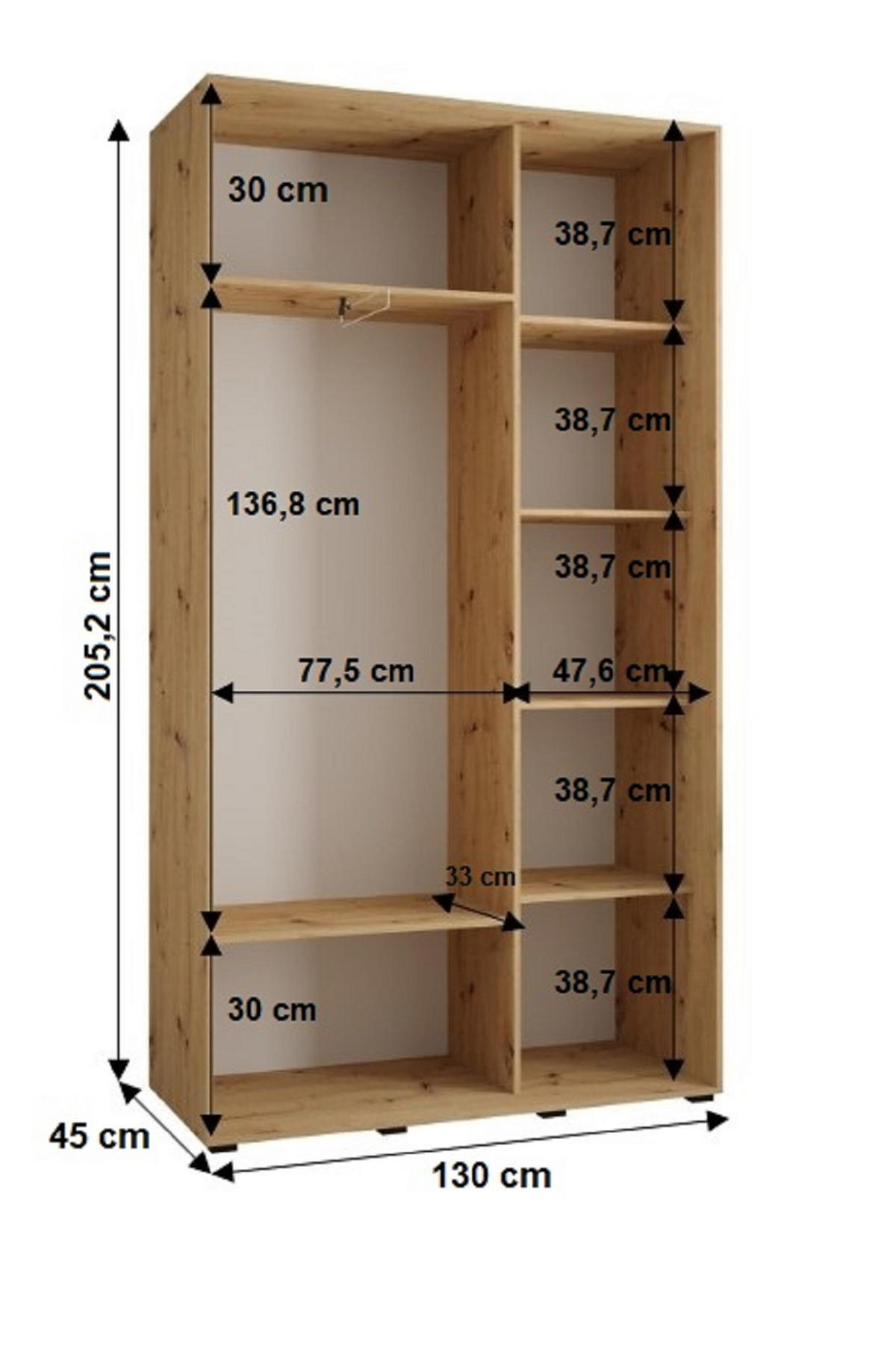 SCHWEBETÜRENSCHRANK 205,2/130/45 2-türig - Schwarz/Eiche Artisan, Holz/Metall (130/205.2/45cm) - Abiks Möbel