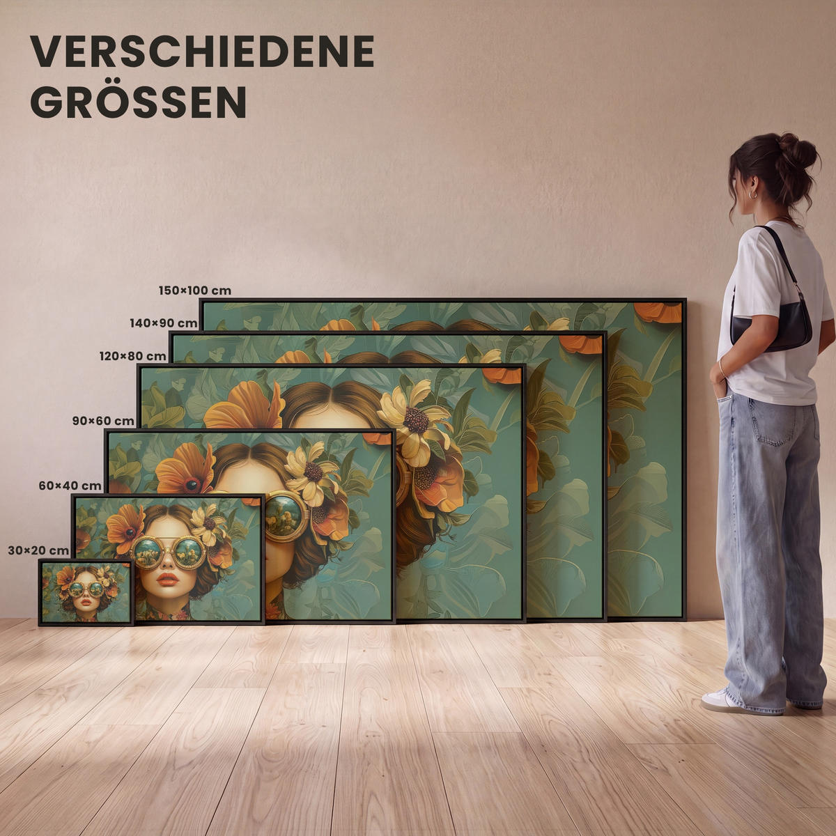 LEINWAND Bilder mit Rahmen - Frau - Blumen - Schmetterlinge - Natur - Vintage - 120x80 - Salbeigrün, Textil (120/80cm) - MuchoWow