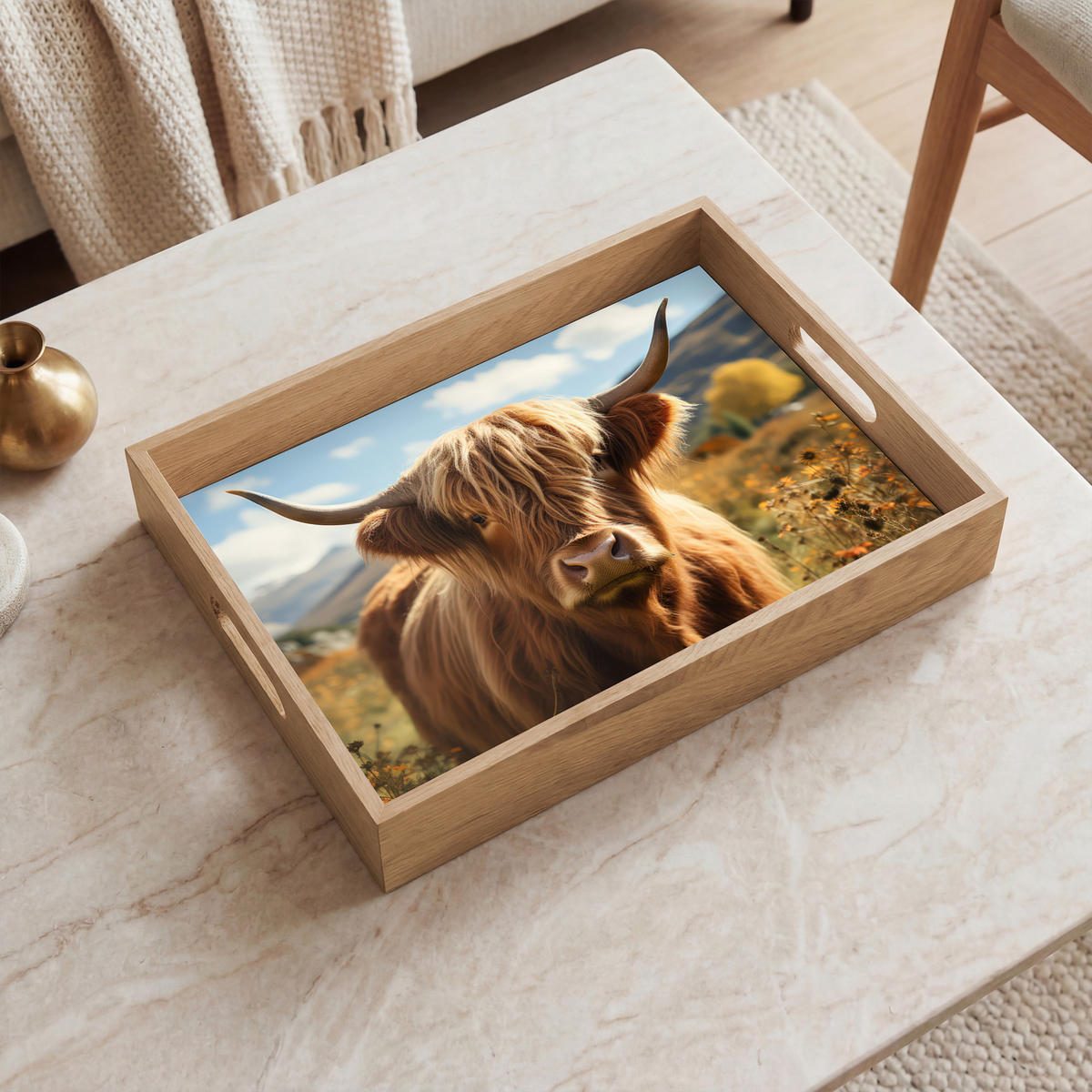 SERVÍROVACÍ PODNOS Skotský horal - Květiny - Rohy - Mraky 40x30 cm - hnědá, dřevo (40/5/5cm) - OnlyWow