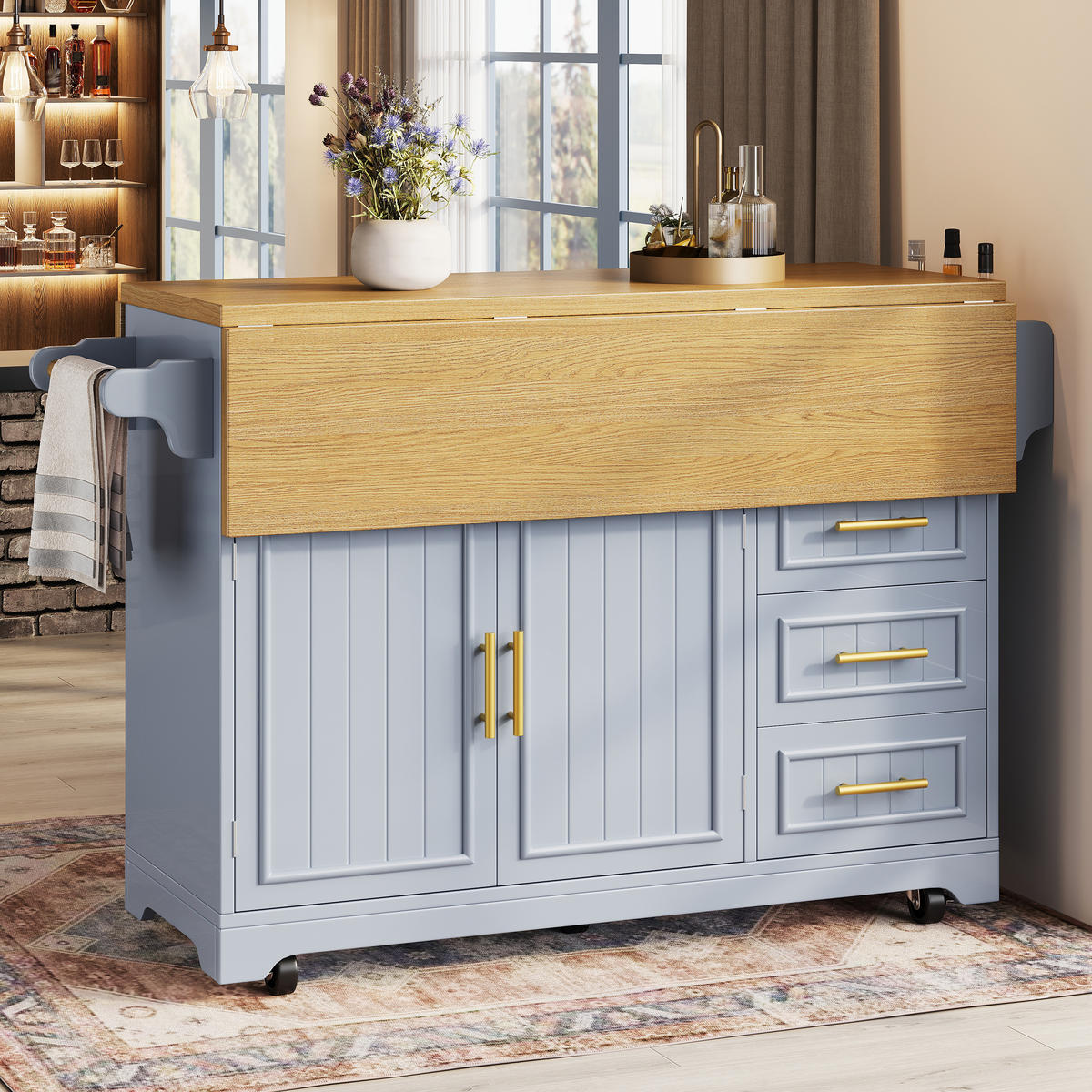 KÜCHENINSEL DE-38361 120/197 cm ausklappbar mit 3 Schubladen Hellblau - Hellblau, Holzwerkstoff (120/95/40cm) - ComfortXL