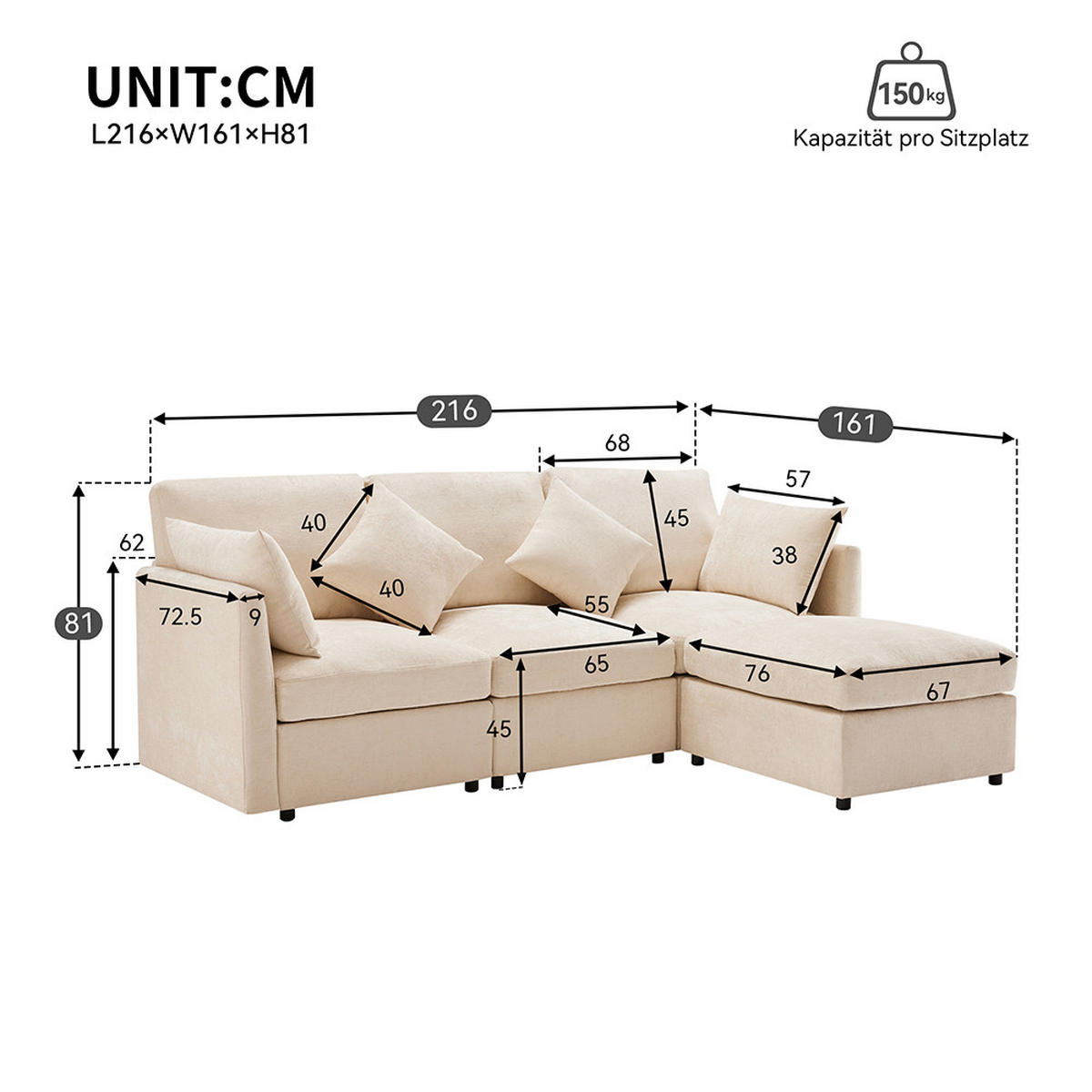 ECKSOFA in Beige Chenille-Stoff， L-förmiges - Beige, Kunststoff/Textil (161/216cm) - KOMHTOM