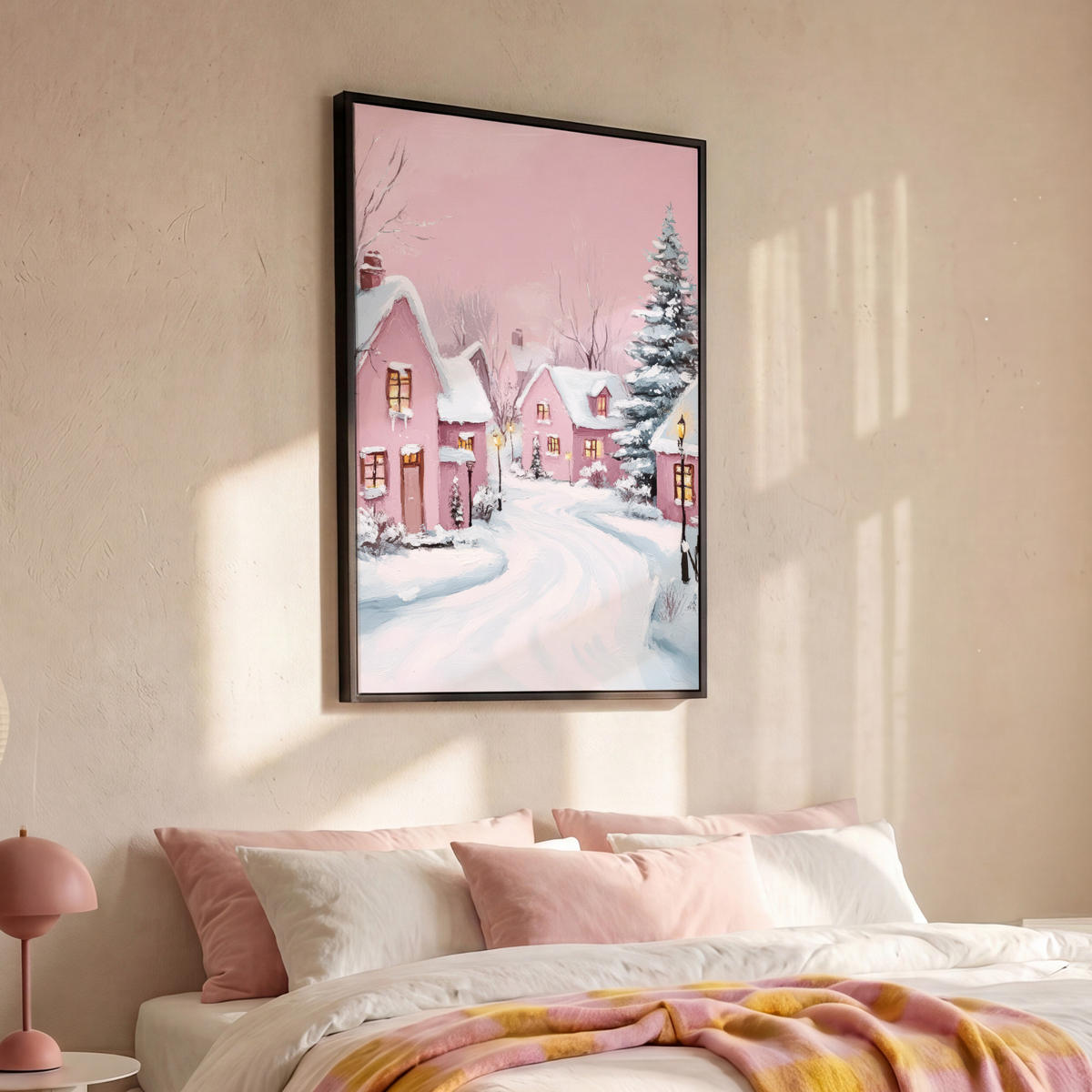LEINWAND Bilder mit Rahmen - Weihnachtsdorf - Rosa - Winter - Schnee - Häuser - 80x120 - Altrosa, Textil (80/120cm) - MuchoWow