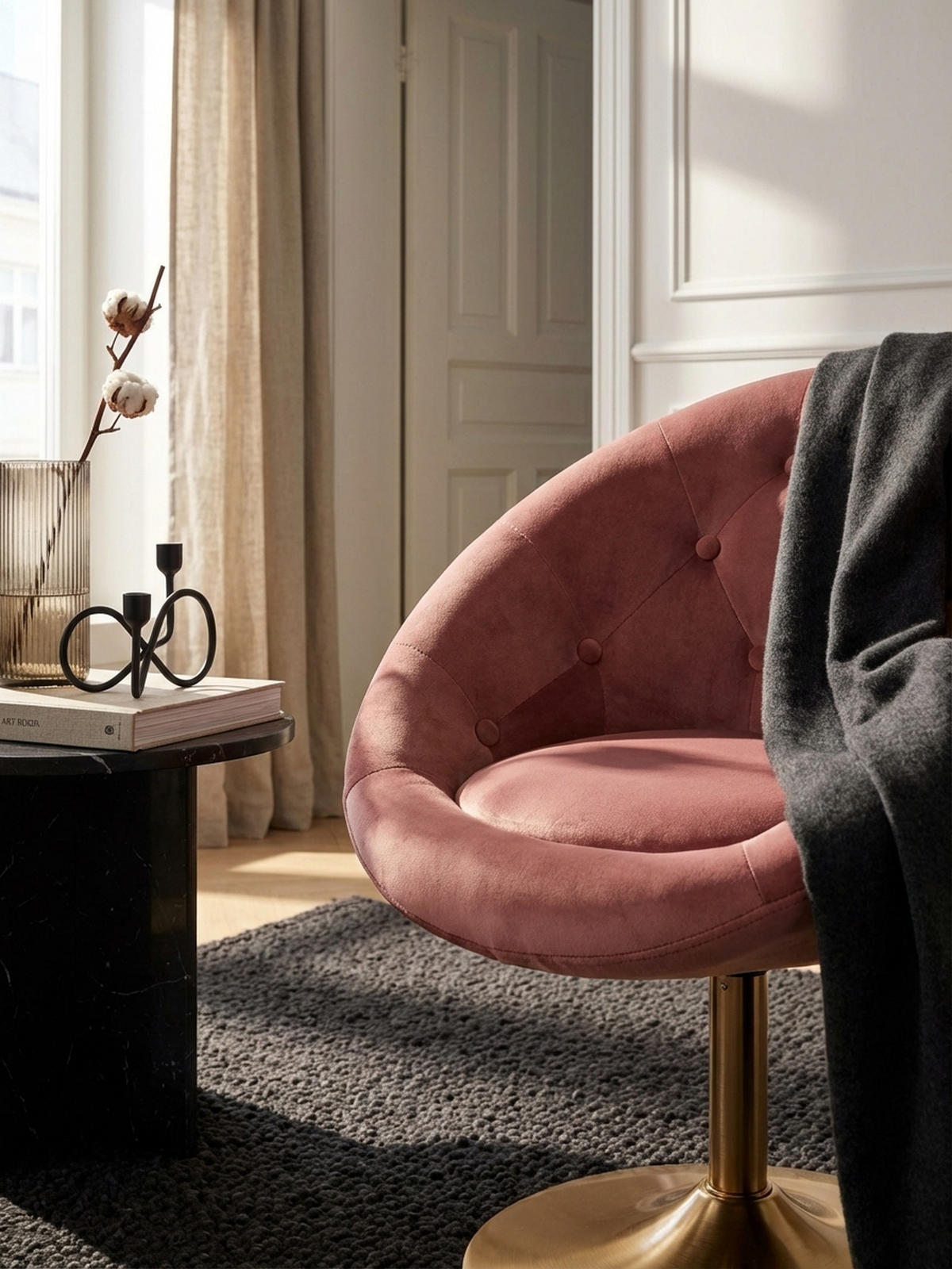 LOUNGESESSEL Chesterfield-Stil mit Samtbezug und 360° Drehfunktion, Rosa 67x62x100 cm - Pink/Goldfarben, Textil/Metall (67/100/62cm) - KADIMA DESIGN
