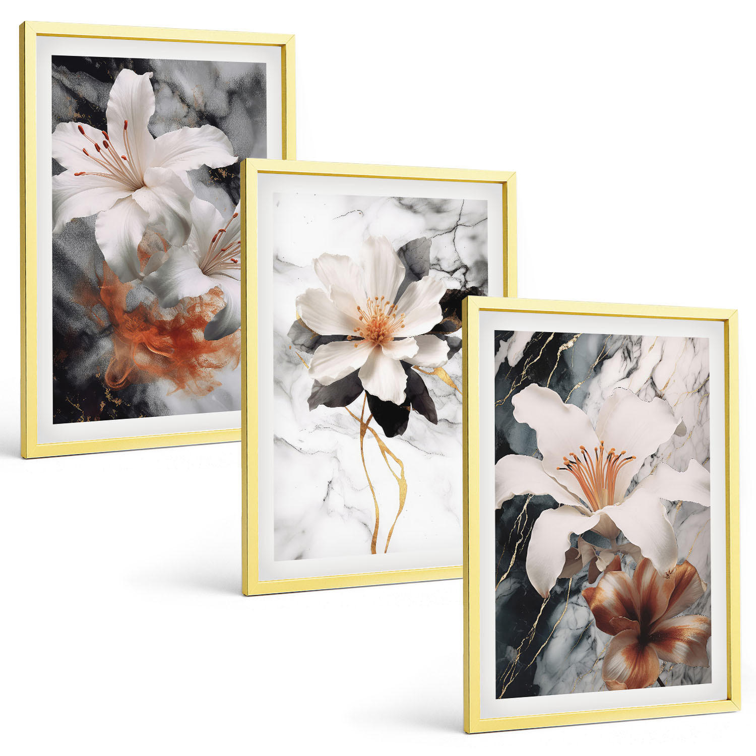 BILDER SET 3er Set - 40x60 cm Goldrahmen - Blumen Marmor weiß schwarz - Goldfarben, Kunststoff (40/60cm) - TULUP