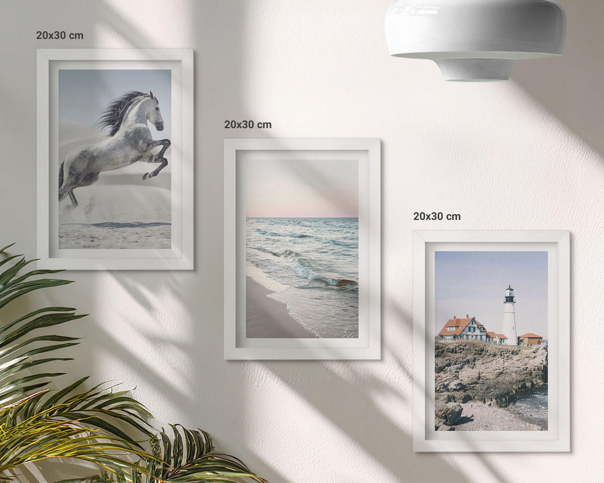 WANDBILDER 3er-Set - 20x30 cm Weißer Rahmen - Pferde, Strand, Leuchtturm, Wellen - Weiß, Kunststoff (20/30cm) - ArtPrintCave