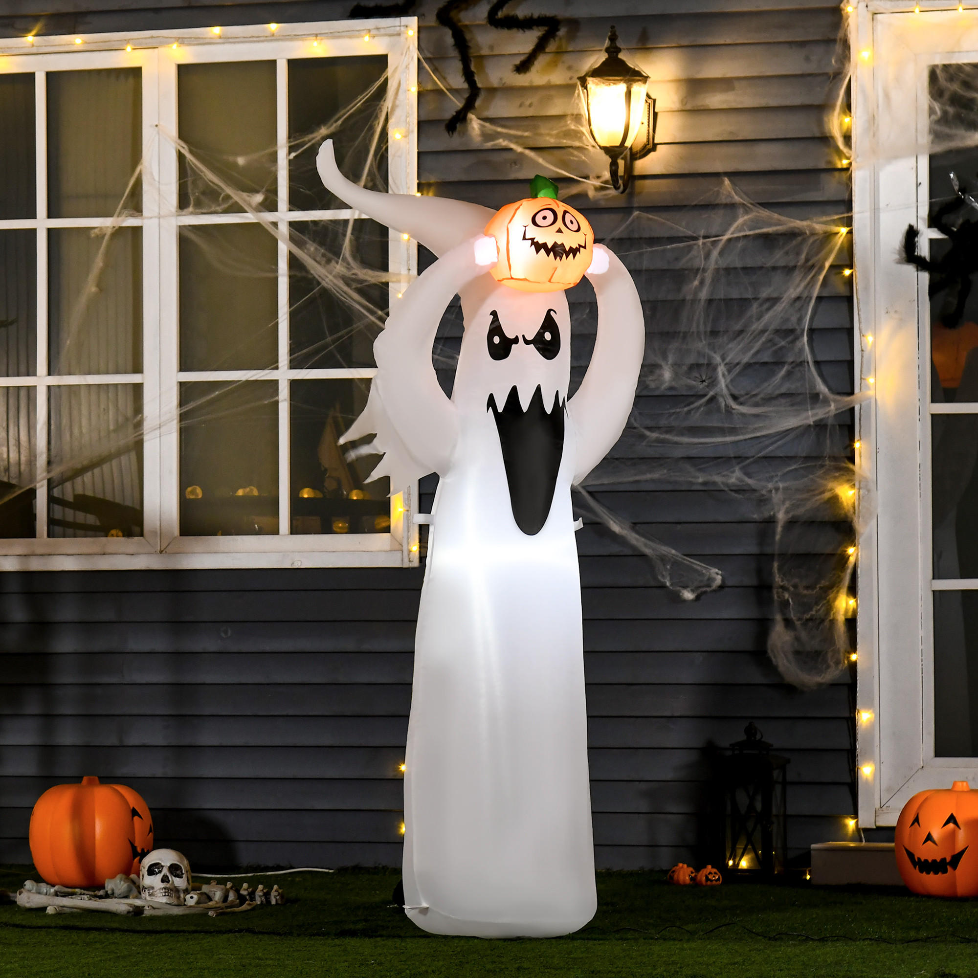 HALLOWEEN AUFBLASBARER GEIST , Weiß + Orange, Polyester - Weiß, Kunststoff (40/180/80cm) - HOMCOM