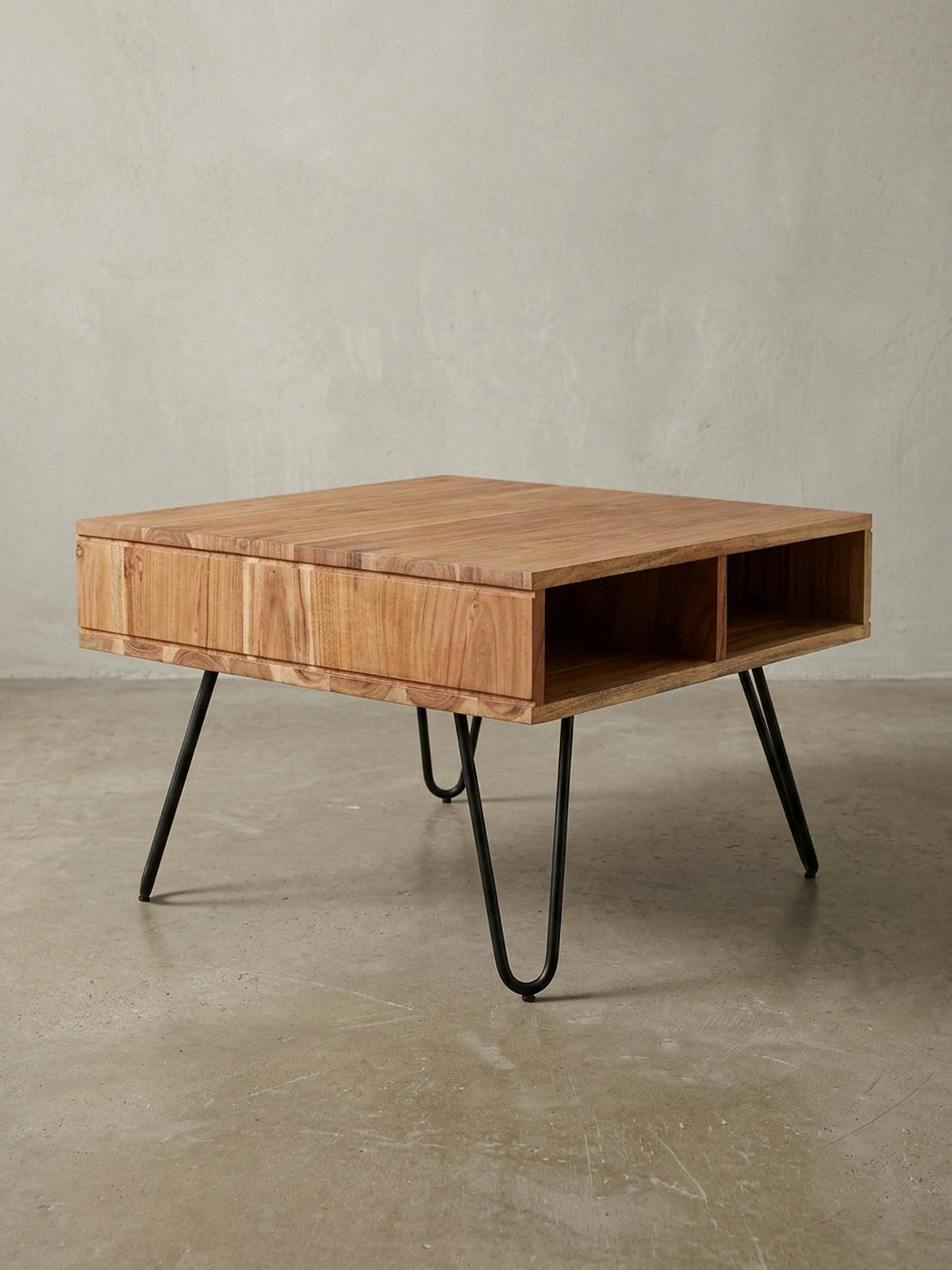 COUCHTISCH aus massivem Akazienholz mit Metallgestell und Stauraum im modernen Design - Beige/Schwarz, Holz/Metall (60/60/40cm) - KADIMA DESIGN