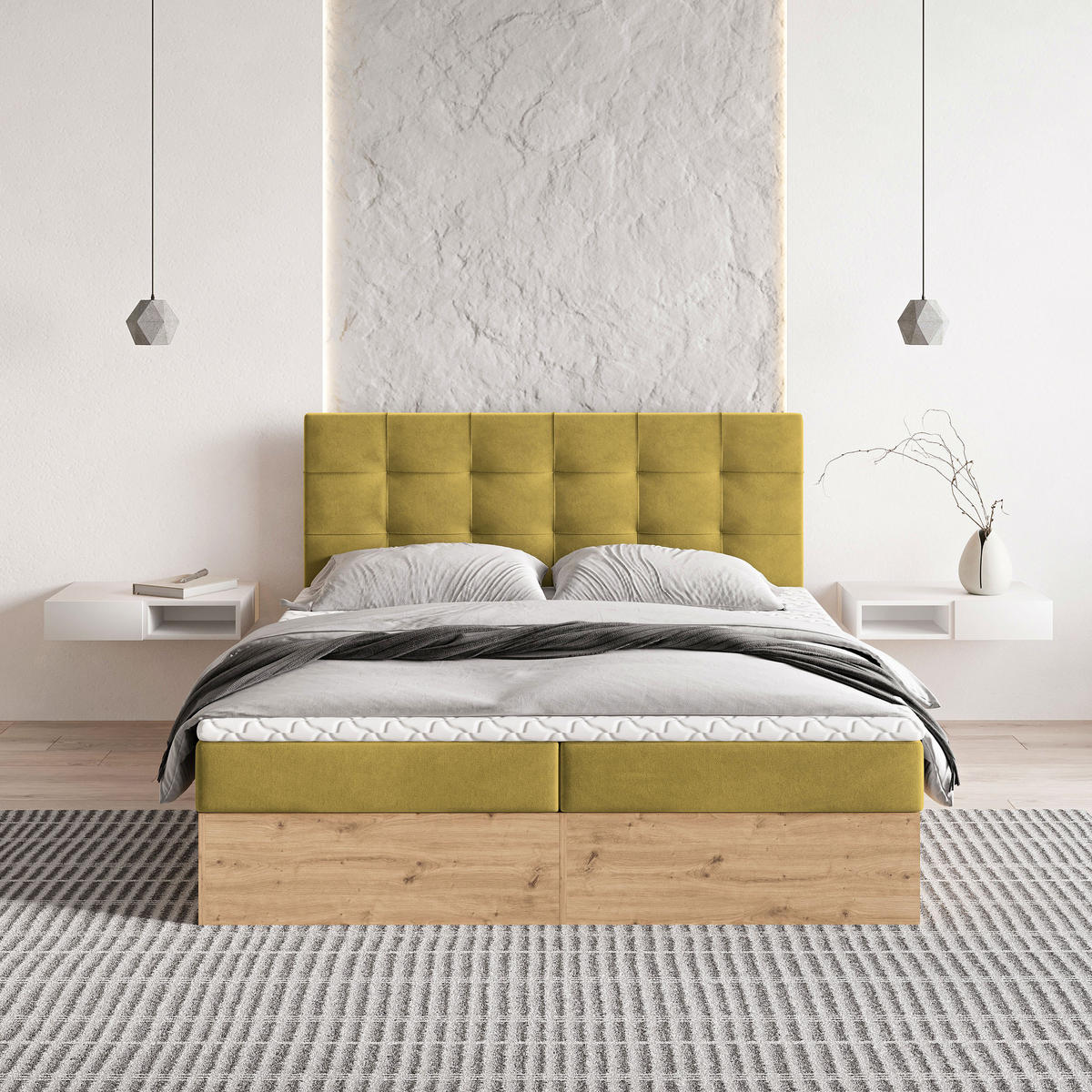 BOXBETT MOLVEN 160x200 cm mit Matratze und Topper - Gelb - Gelb, Holz (160/200cm) - MASSENO