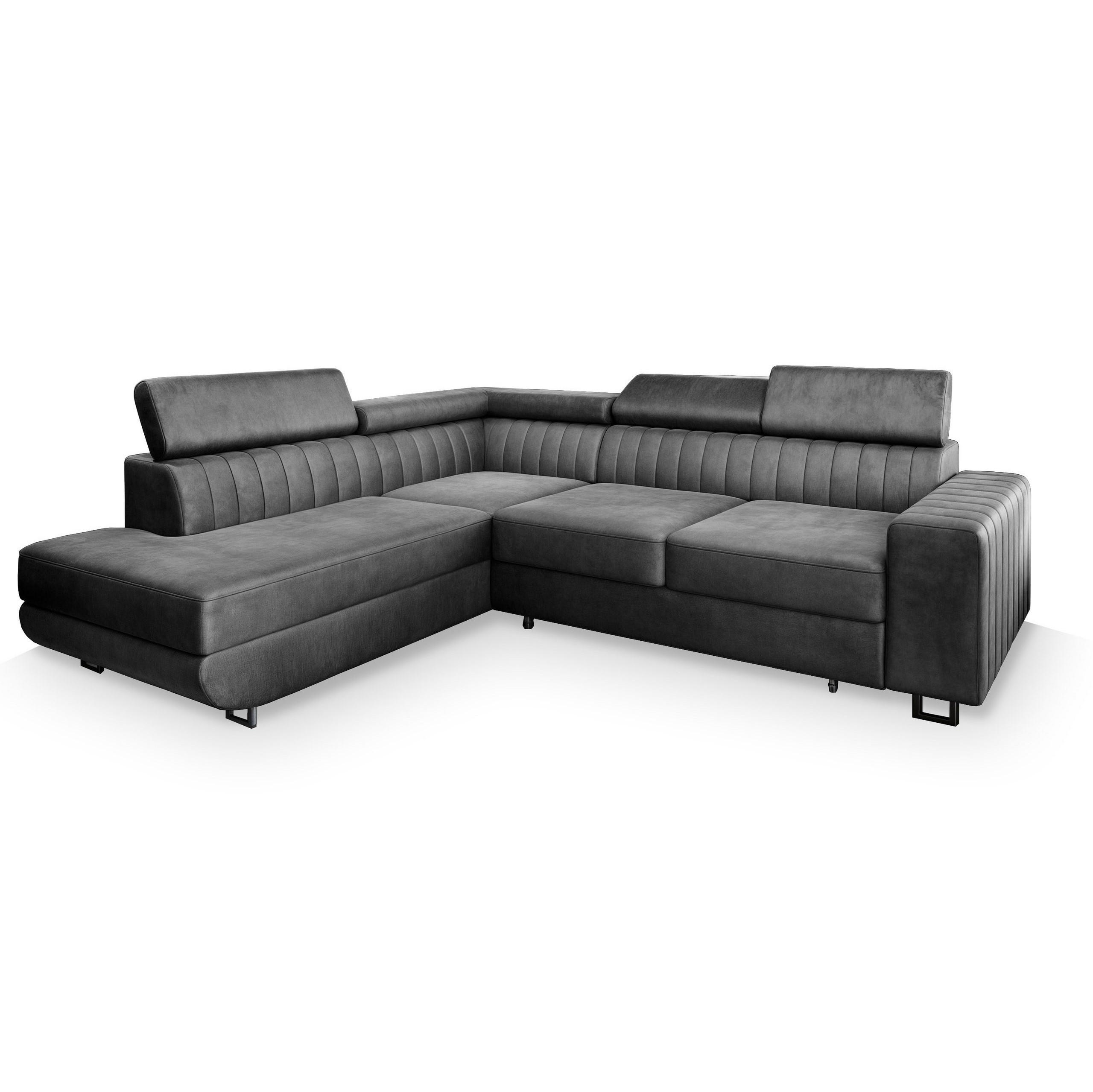ECKSOFA NOLA L-S Grau Velours-Stoff mit Schlaffunktion - Grau, Holz (253/190cm) - MASSENO