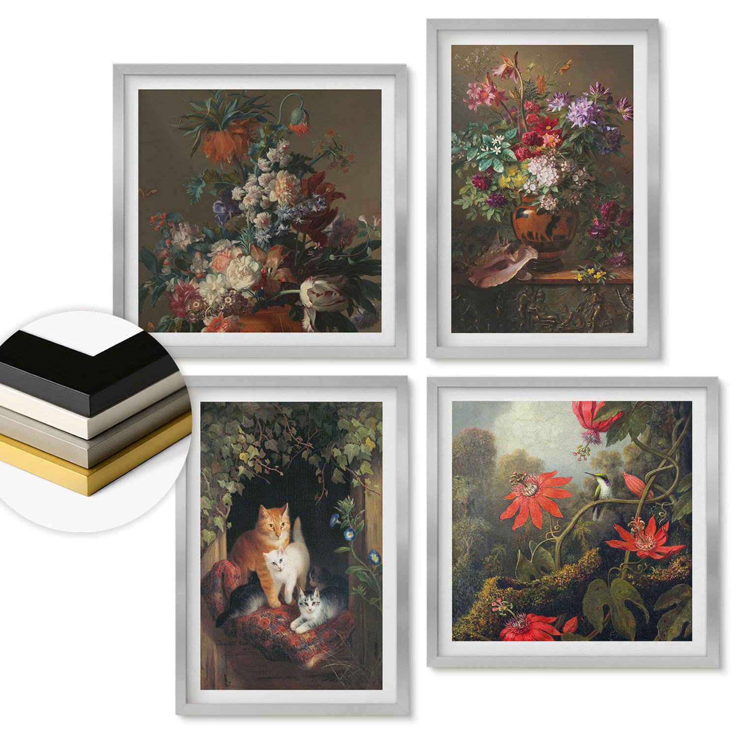 WANDBILDER 4er Set - 50x50 cm & 40x60 cm Silberner Rahmen - Vintage-Blumen, Katzen, Pflanzen - Silberfarben, Kunststoff (50/50cm) - ArtPrintCave