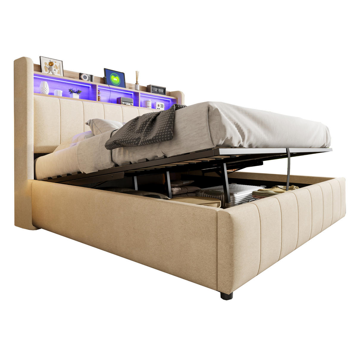 POLSTERBETT aus Leinenstoff 160x200 cm Beige mit LED, USB-C und hydraulischem Bettkasten - Beige, Textil (160/200cm) - IVMEU
