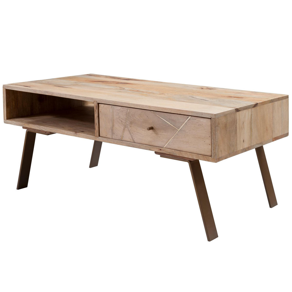 COUCHTISCH in Rustikalem Landhausstil, Massives Mangoholz und Metall, Maße 95x42x50 cm - Beige/Braun, Holz/Metall (50/95/42cm) - KADIMA DESIGN