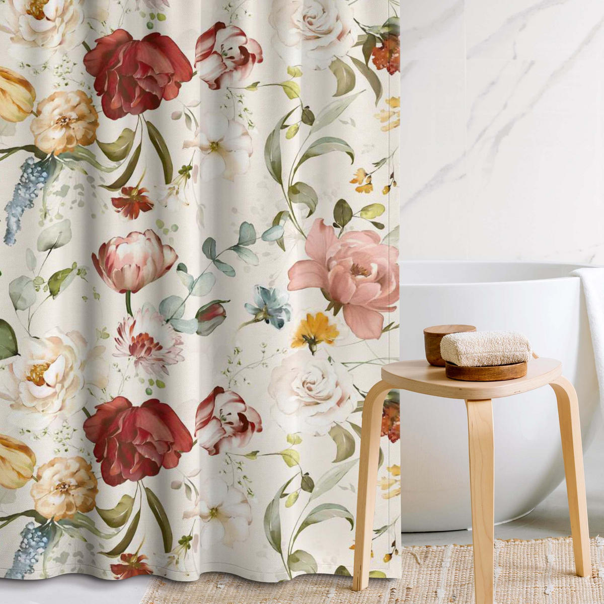 DUSCHVORHANG Blumen Aquarell Vintage Muster auf Beige 200/180 cm - Beige, Textil (200/180cm) - Bilderwelten