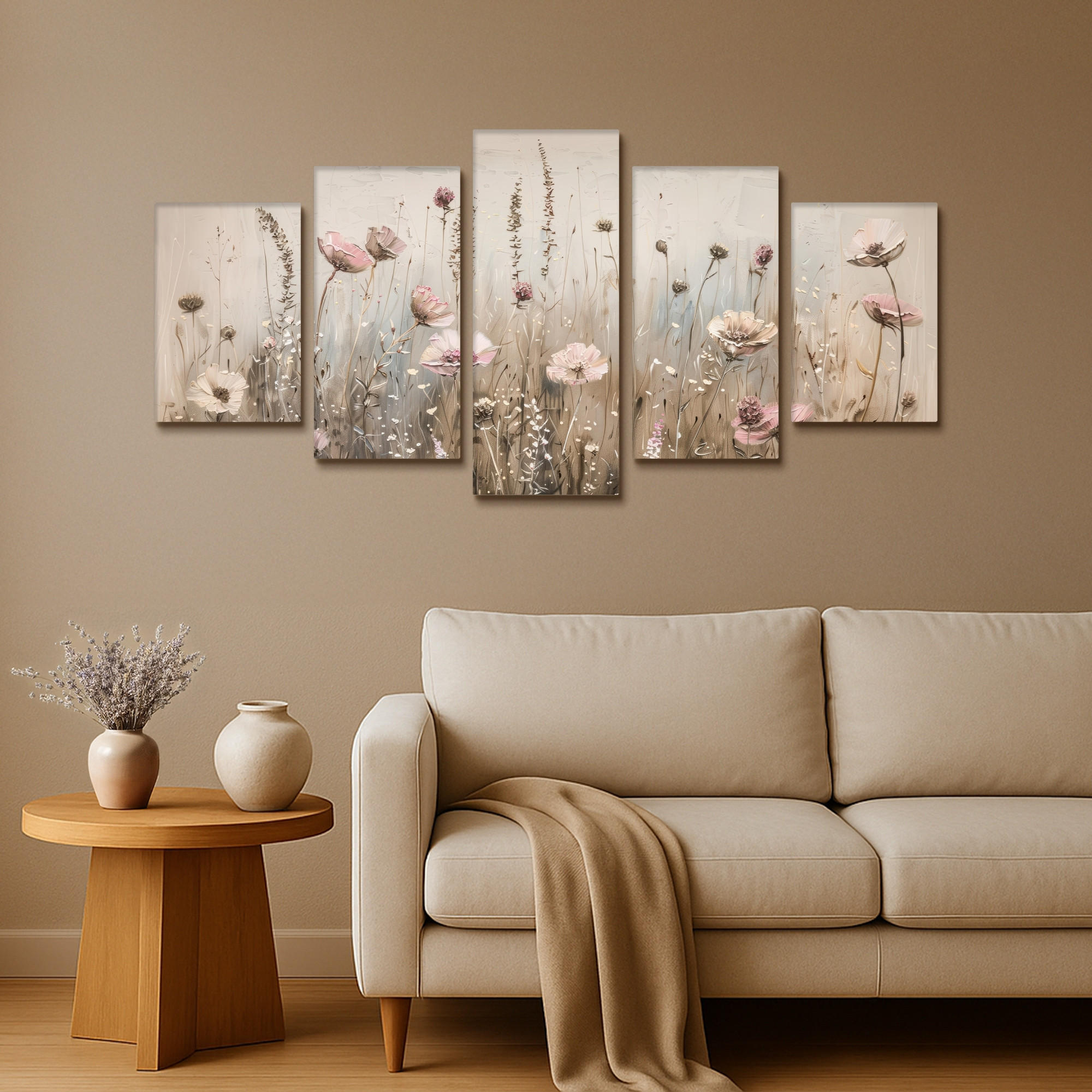 LEINWANDBILD 5er Set Blumen - Beige - Modern - Rosa 100x50 cm - Ecru, Textil (100/50cm) - MuchoWow