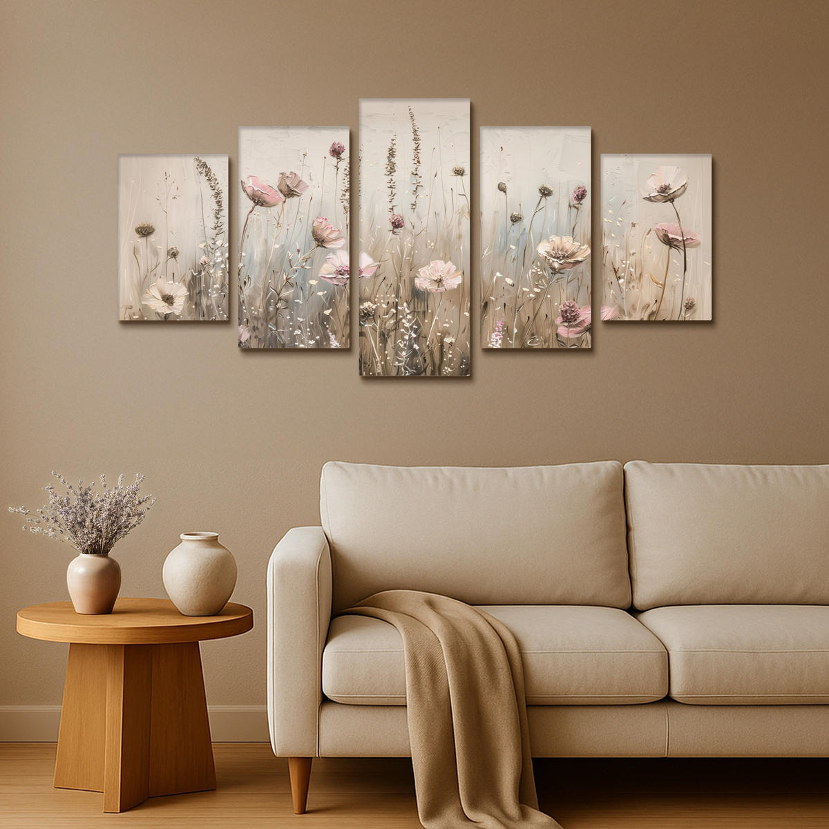 LEINWANDBILD 5er Set Blumen - Beige - Modern - Rosa 100x50 cm - Ecru, Textil (100/50cm) - MuchoWow