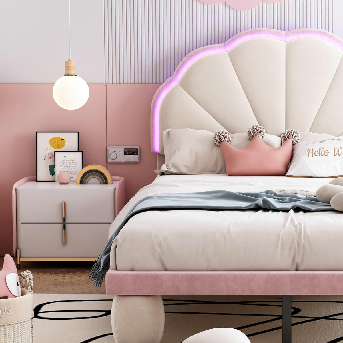 POLSTERBETT 90/200 cm Beige-Rosa mit LED-Beleuchtung und Wellenschliff-Kopfteil aus Samt - Weiß, Textil (90/200cm) - OKWISH