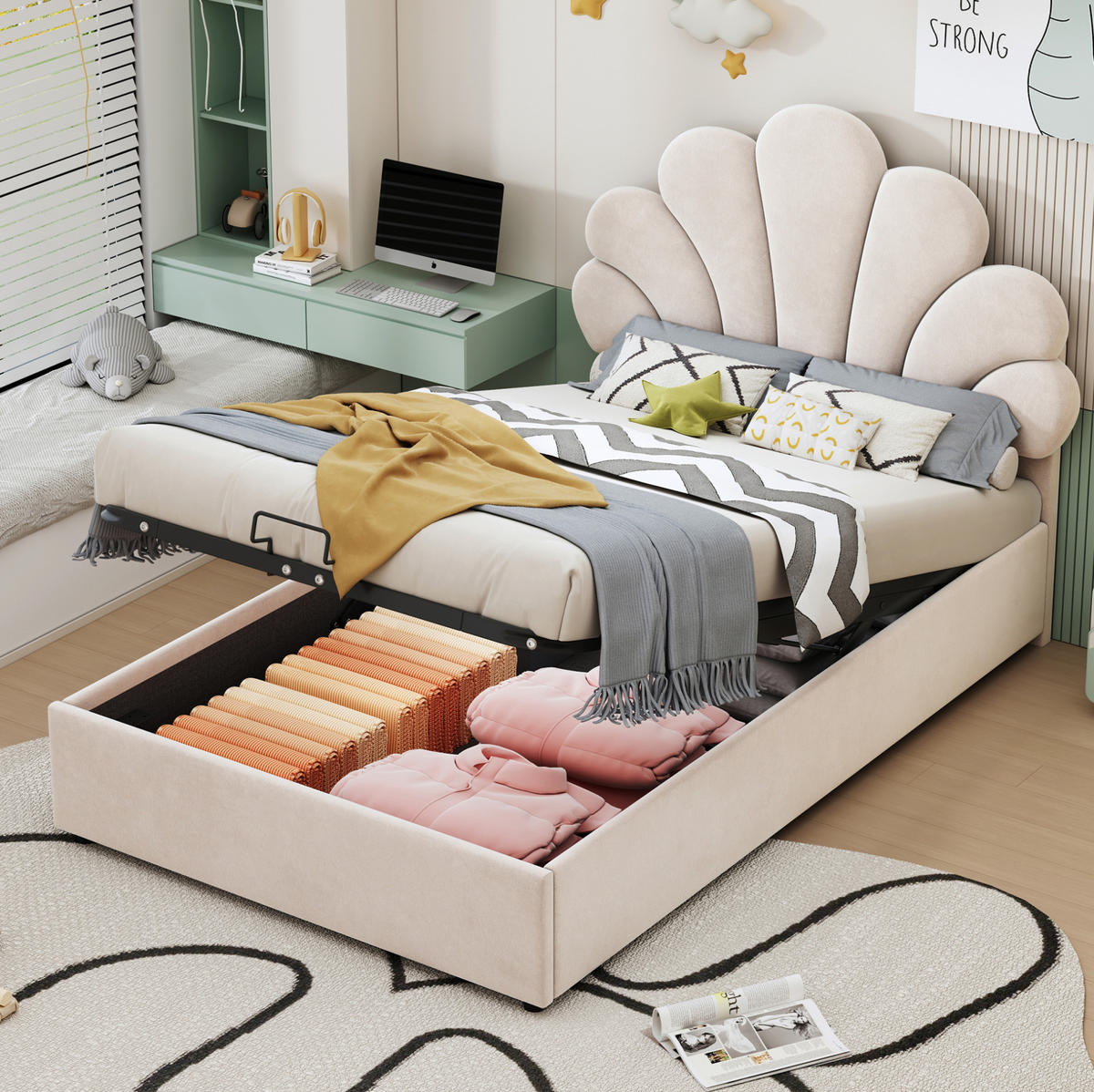 KINDEREINZELBETTEN aus Samt 90x200 cm in Beige mit hydraulischem Stauraum - Beige, Textil (90/200cm) - Modfu