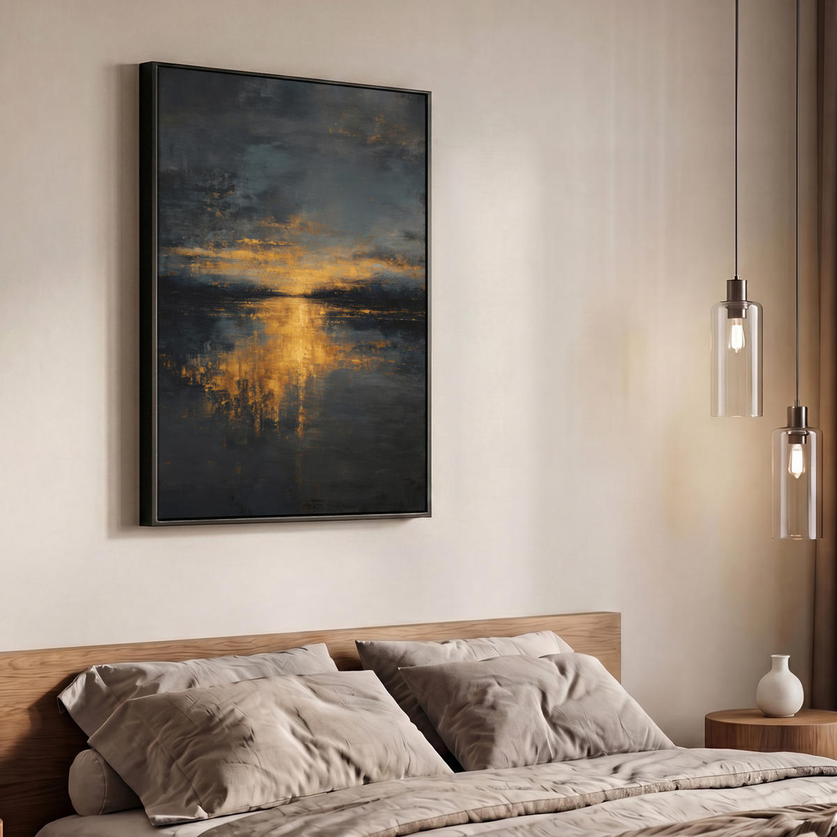 LEINWAND Bilder mit Rahmen - Goldene Reflexion auf dem Wasser - 70x100 - Anthrazit, Textil (70/100cm) - MuchoWow