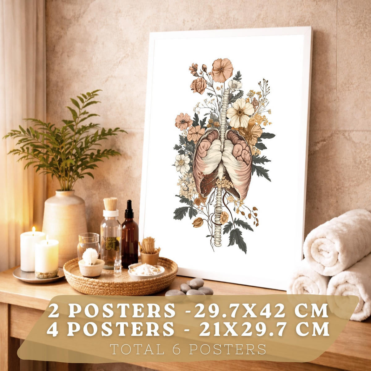 POSTER Set aus 6 Anatomie Mensch Florale Aquarell Drucke und mit Gehirn Lungen Skelett Nieren und Organen Botanische Größe Weißer Rahmen A3 & A4 - Weiß, Papier (21/29.7/3cm) - Nacnic