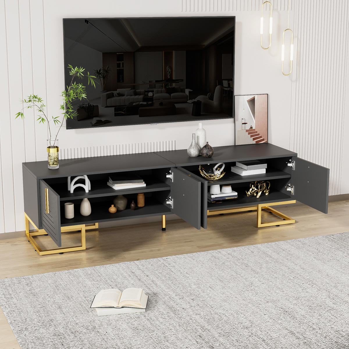 TV-ELEMENT mit 4 Türen 170 cm Grau Schwarz mit goldfarbenen Details - Grau, Holzwerkstoff (40/45.5/170cm) - Beauniv