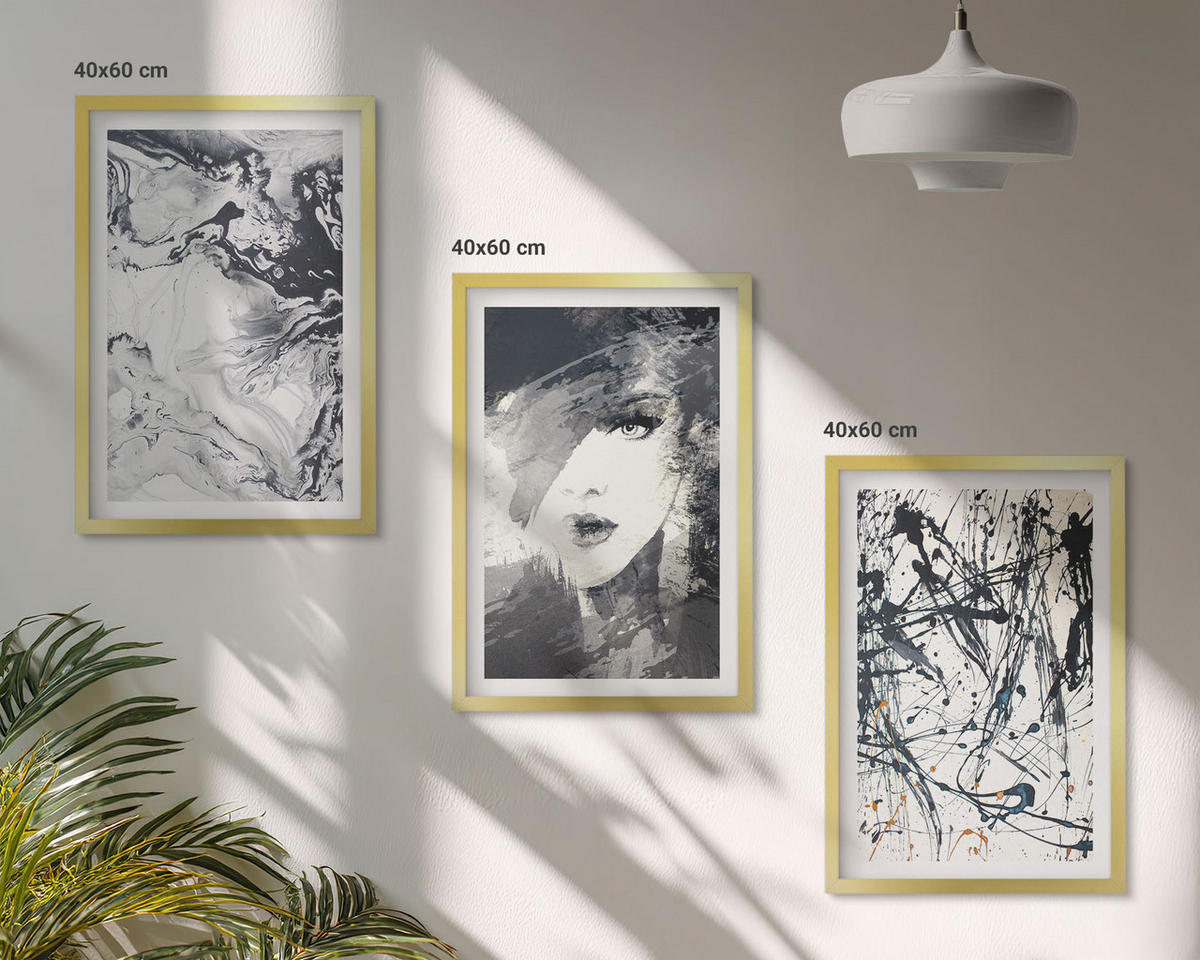 BILDER SET 3er Set - 40x60 cm Goldrahmen - Abstrakte schwarz-weiße Muster - Goldfarben, Kunststoff (40/60cm) - TULUP