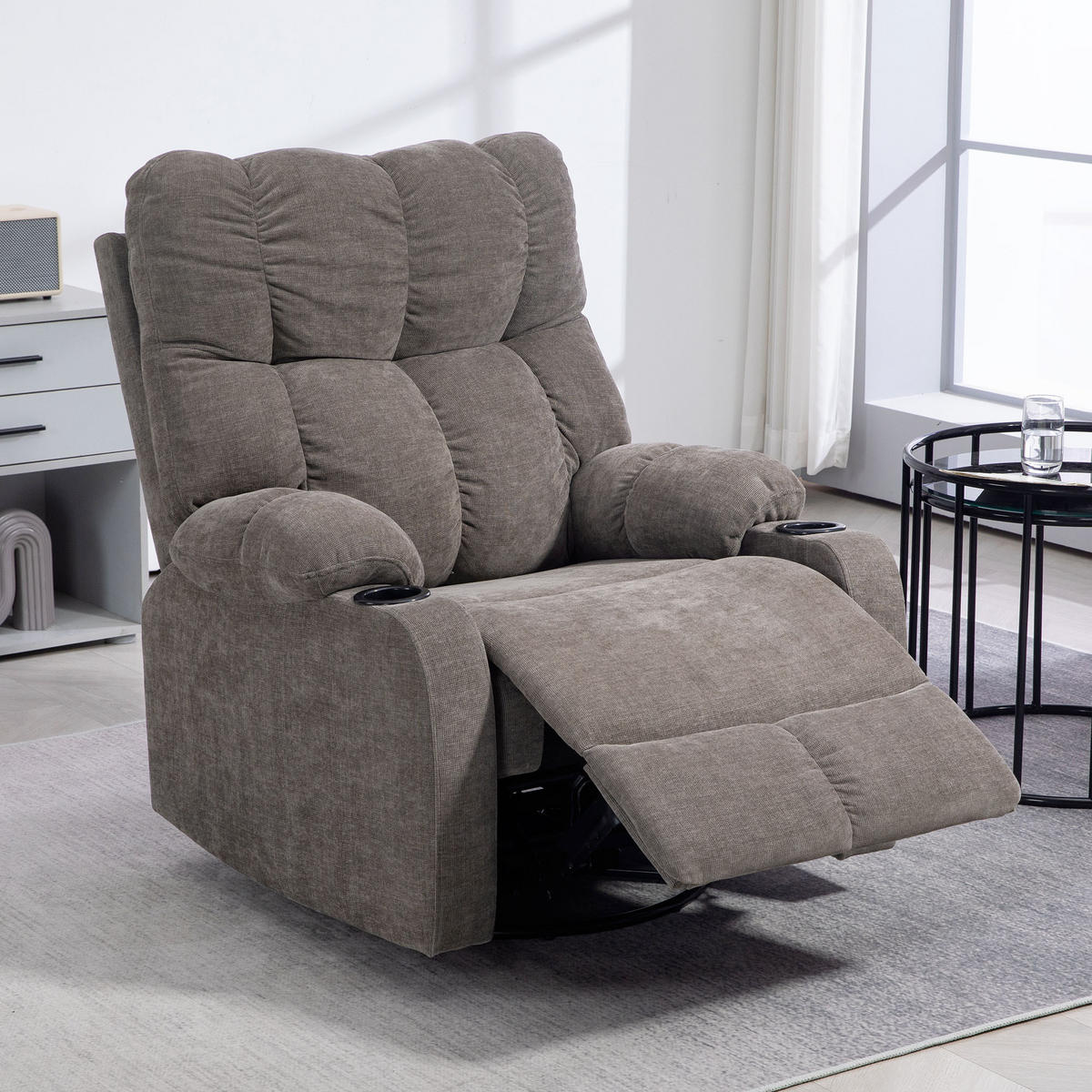 RELAXSESSEL Drehbar Fernsehsessel mit Liegefunktion, Schaukelfunktion Hellbraun - Hellbraun/Schwarz, Textil (96/108/88cm) - HOMCOM