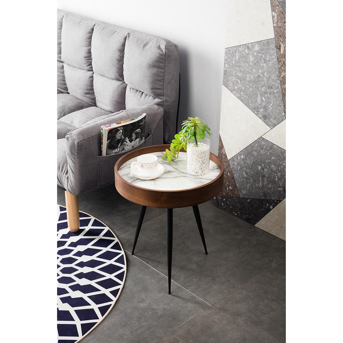 BEISTELLTISCH - Eiche teilmassiv - Marmor Braun Dekor / Schwarz - Braun, Holz/Holzwerkstoff (40/40/45cm) - home24