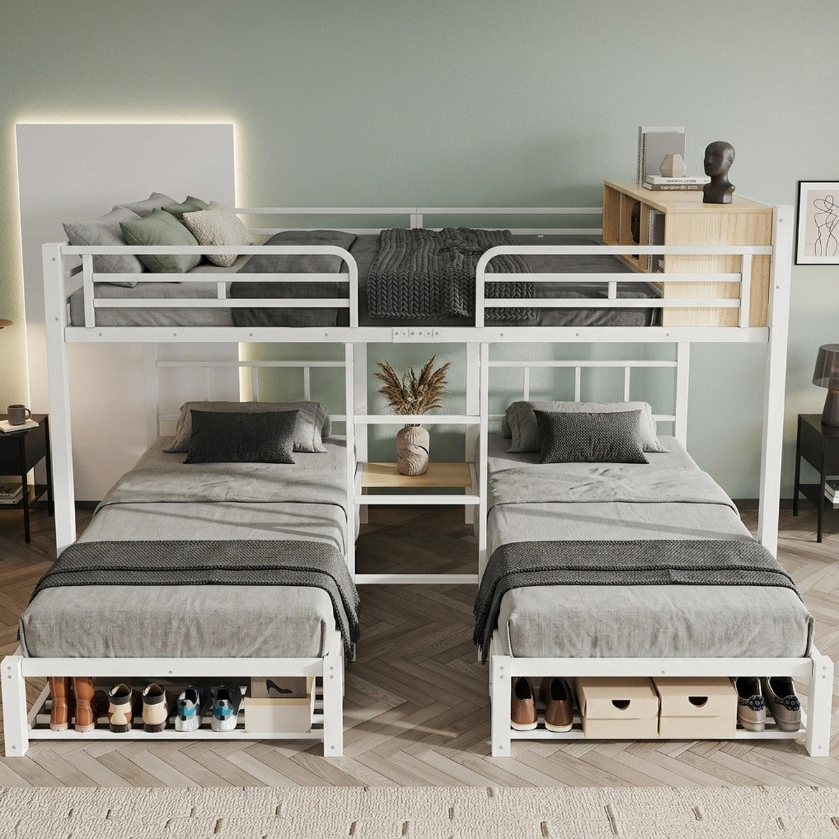 ETAGENBETT aus Metall und Holz 140x200/90x200 cm Weiß/Natur mit offenem Regal und Schuhablage - Weiß, Metall (140/200cm) - Modfu