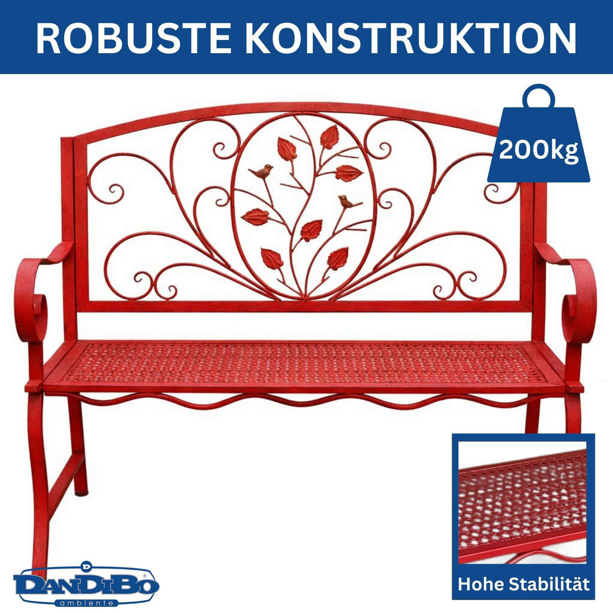 GARTENBANK Rossa Wetterfest 2 Sitzer Metall Rot 110 cm Eisen - Rot, Metall (58/100/110cm) - DanDiBo