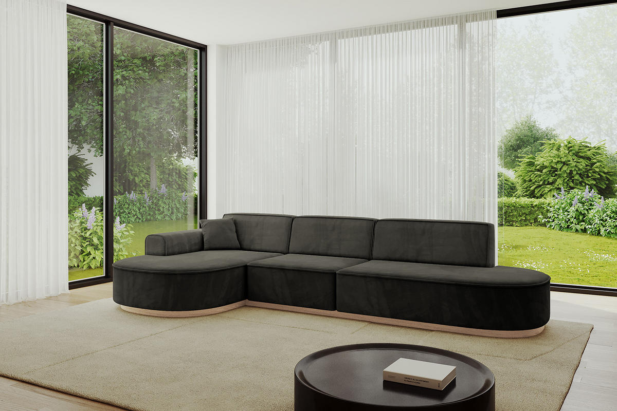 ECKSOFA Ottomane Links MARI-L2-v1 - 328x171x83 cm Schwarz Velours - Schwarz, Holzwerkstoff/Textil (328/171cm) - ALTDECOR