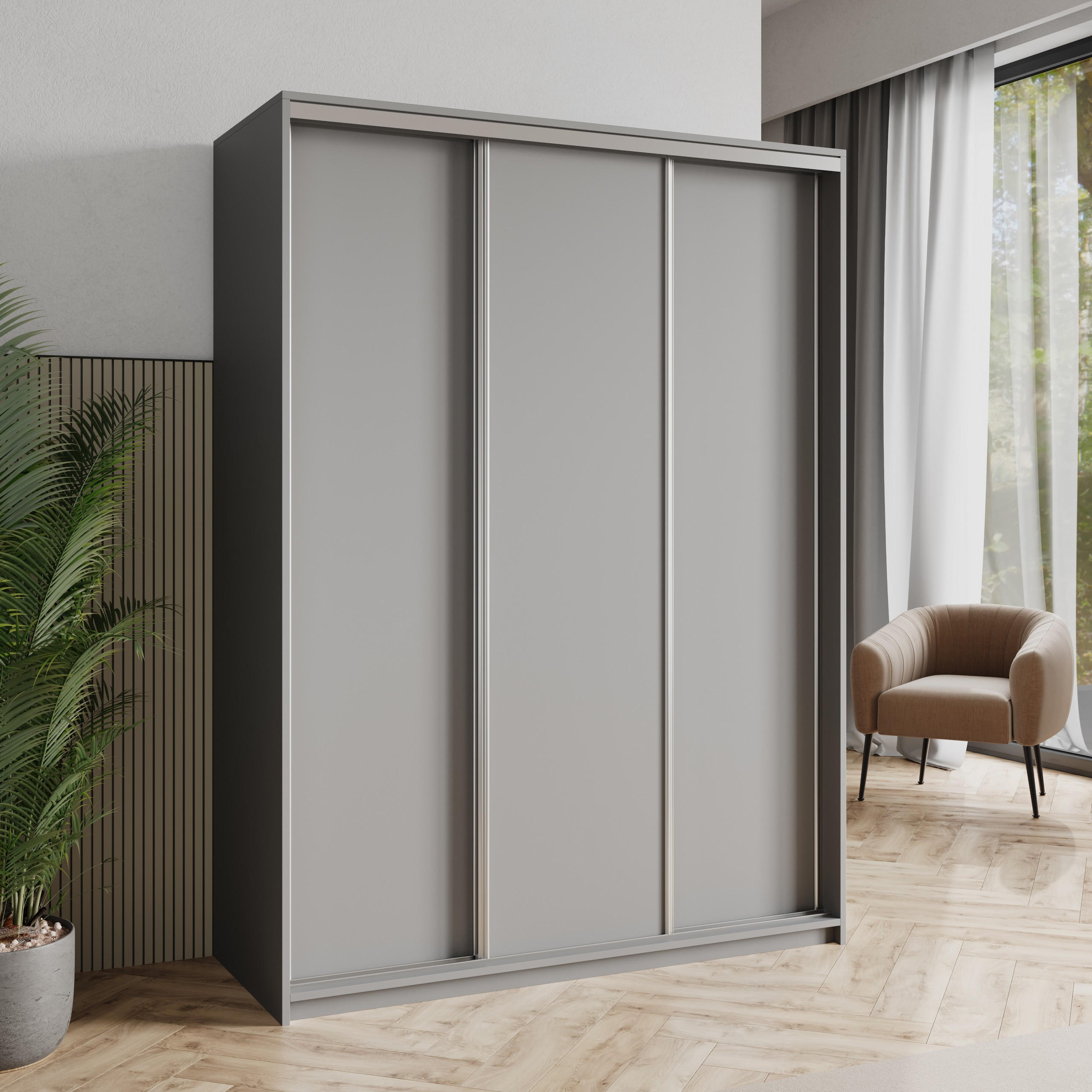 SCHWEBETÜRENSCHRANK NISSE 150/205/60 cm 3-türig Graphitfarben - Graphitfarben, Holzwerkstoff (150/205/60cm) - MASSENO