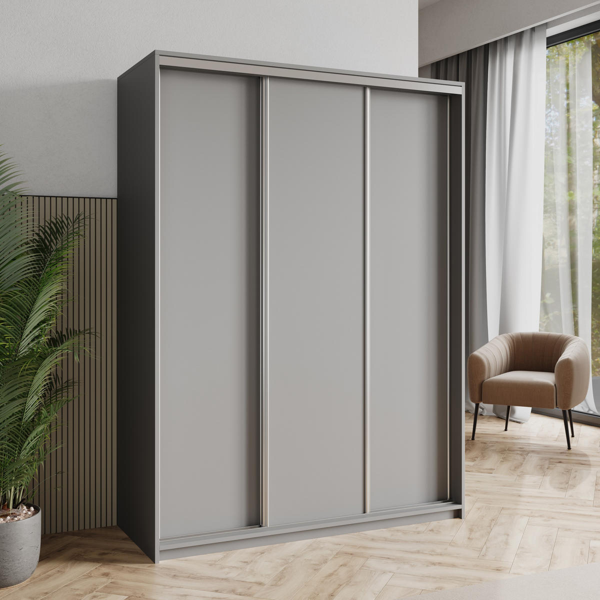 SCHWEBETÜRENSCHRANK NISSE 150/205/60 cm 3-türig Graphitfarben - Graphitfarben, Holzwerkstoff (150/205/60cm) - MASSENO