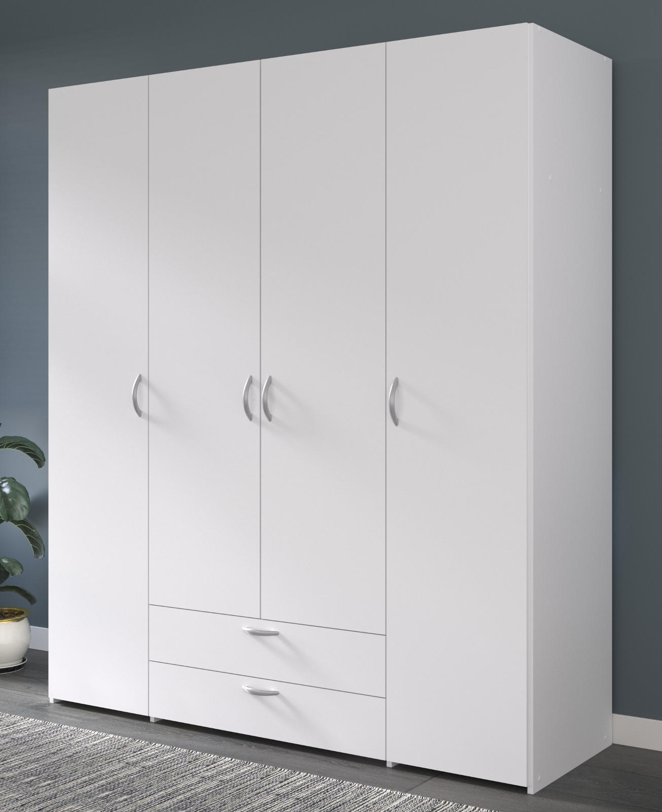 KLEIDERSCHRANK weiß 160 cm 4-türig, Drehtürenschrank - Silberfarben/Weiß, Holzwerkstoff/Kunststoff (160/185/51cm) - Furn.Design
