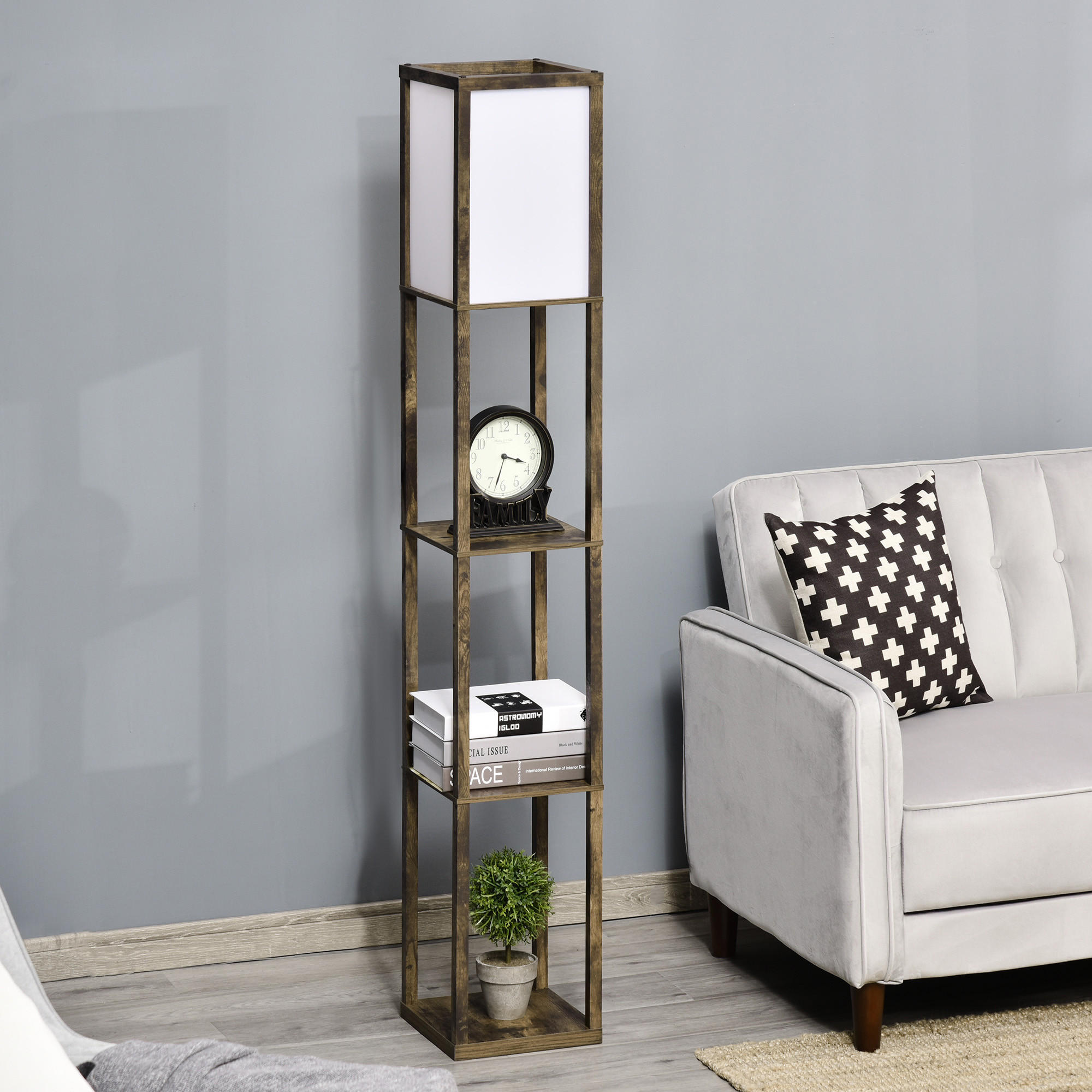 STEHLAMPE mit Regalen, Wohnzimmer Stehleuchte, Rustikales Braun - Braun, Holz (26/26/160cm) - HOMCOM