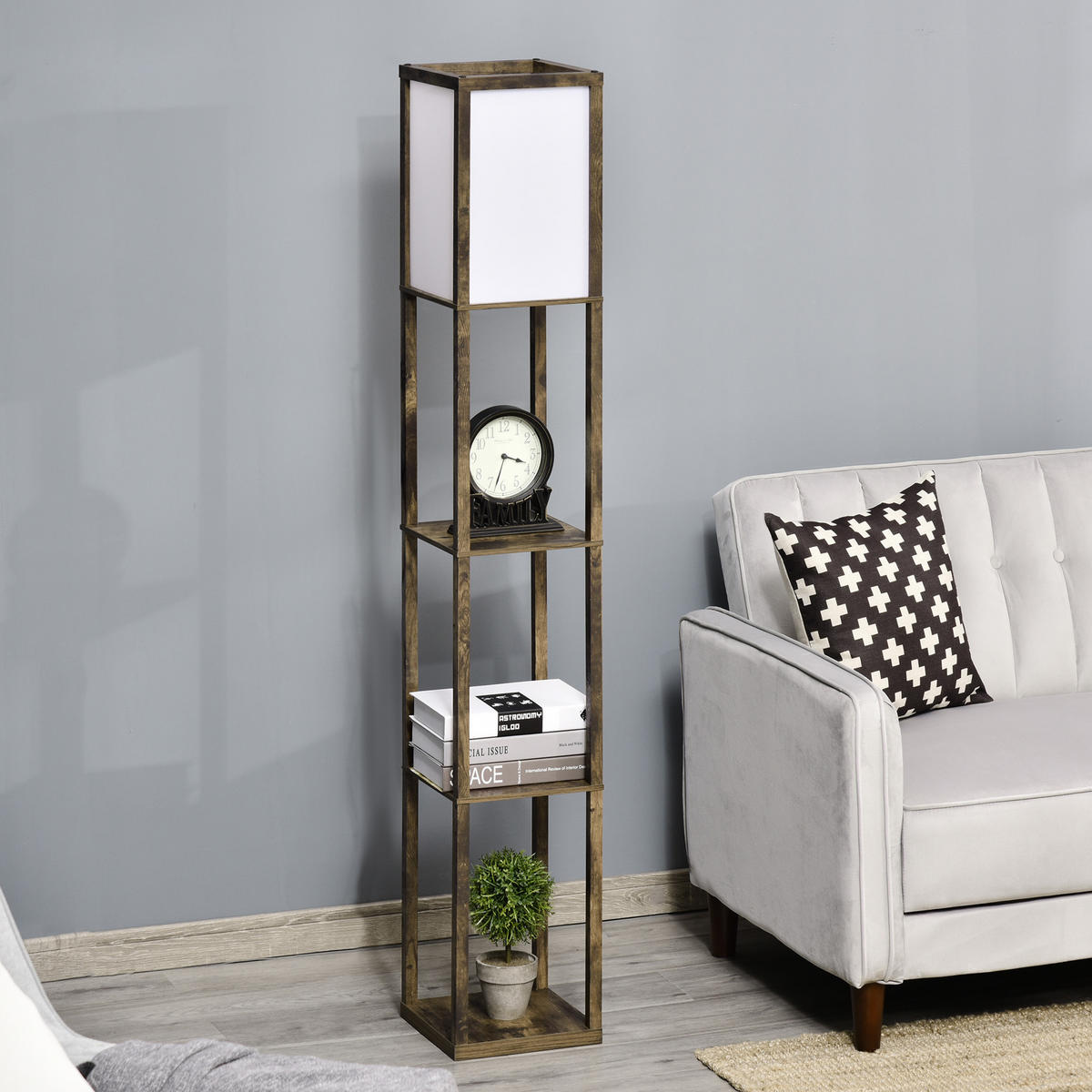 STEHLAMPE mit Regalen, Wohnzimmer Stehleuchte E27 bis 40W, Nachttischlampe - Braun, Textil (26/26/160cm) - HOMCOM
