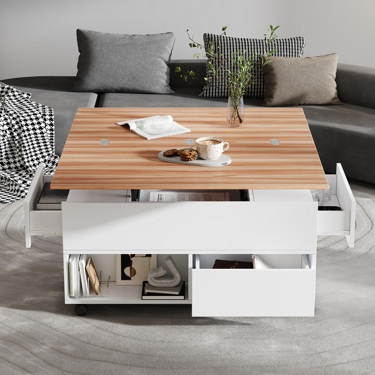 COUCHTISCH 100/50/52 cm mit Rollen, ausziehbar und höhenverstellbar - Weiß, Holzwerkstoff (100/50/52cm) - Flora Grace