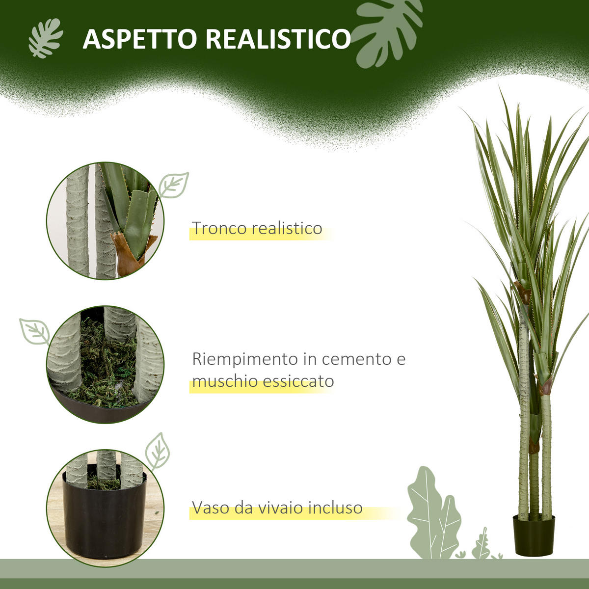 KUNSTPFLANZE, Künstliche Yucca-Pflanze 190 cm, 39 Blätter im PEVA- & Zementtopf, realistisch - Multicolor, Kunststoff (190cm) - FORIOUS