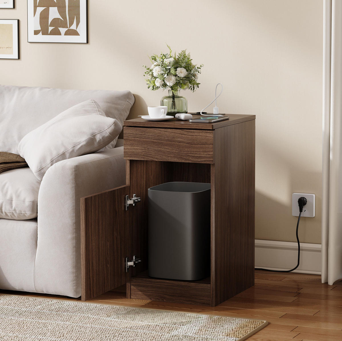 NACHTTISCH aus MDF 40x33x61,5 cm Braun mit USB-A, USB-C, Steckdose, Schublade und Mülleimer - Braun, Holzwerkstoff (33/61.5/40cm) - Modfu