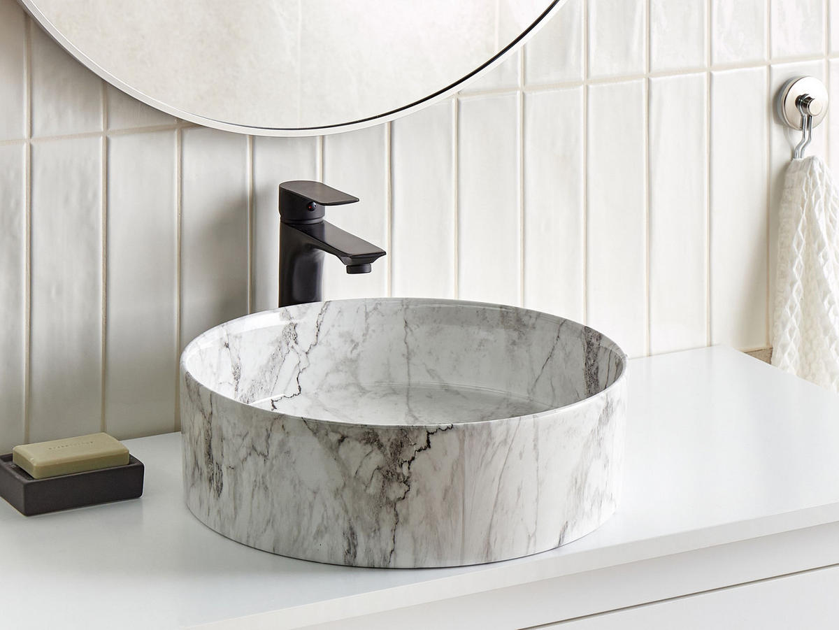 AUFSATZWASCHBECKEN Weißer Marmor 40 cm Keramik Manis - Weiß, Keramik (40/12/40cm) - Beliani