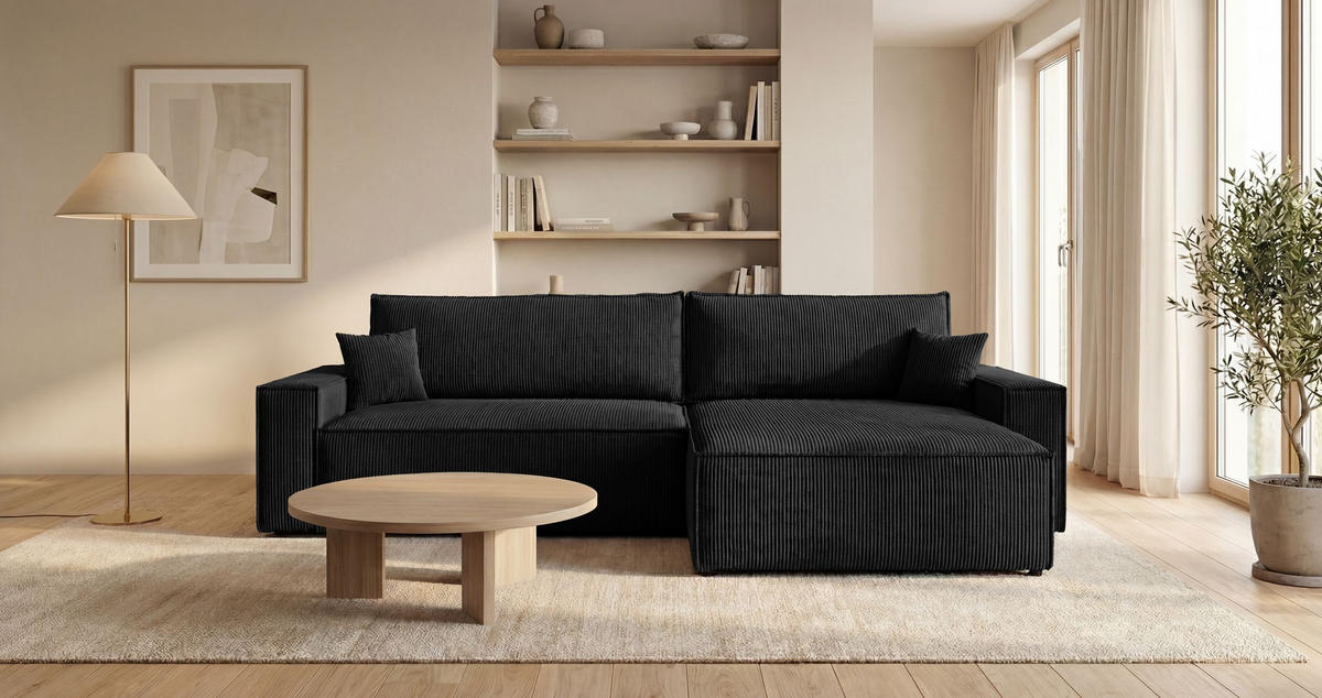 ECKSOFA VIENNA rechts schwarz Cord Poso 135 - Schlaffunktion, Bettkasten - Schwarz, Textil (285/184cm) - Cornero