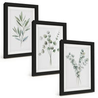 BILDER SET 3er Set - 20x30 cm Schwarzer Rahmen - Pflanzenmuster mit Grün - Schwarz, Kunststoff (20/30cm) - TULUP